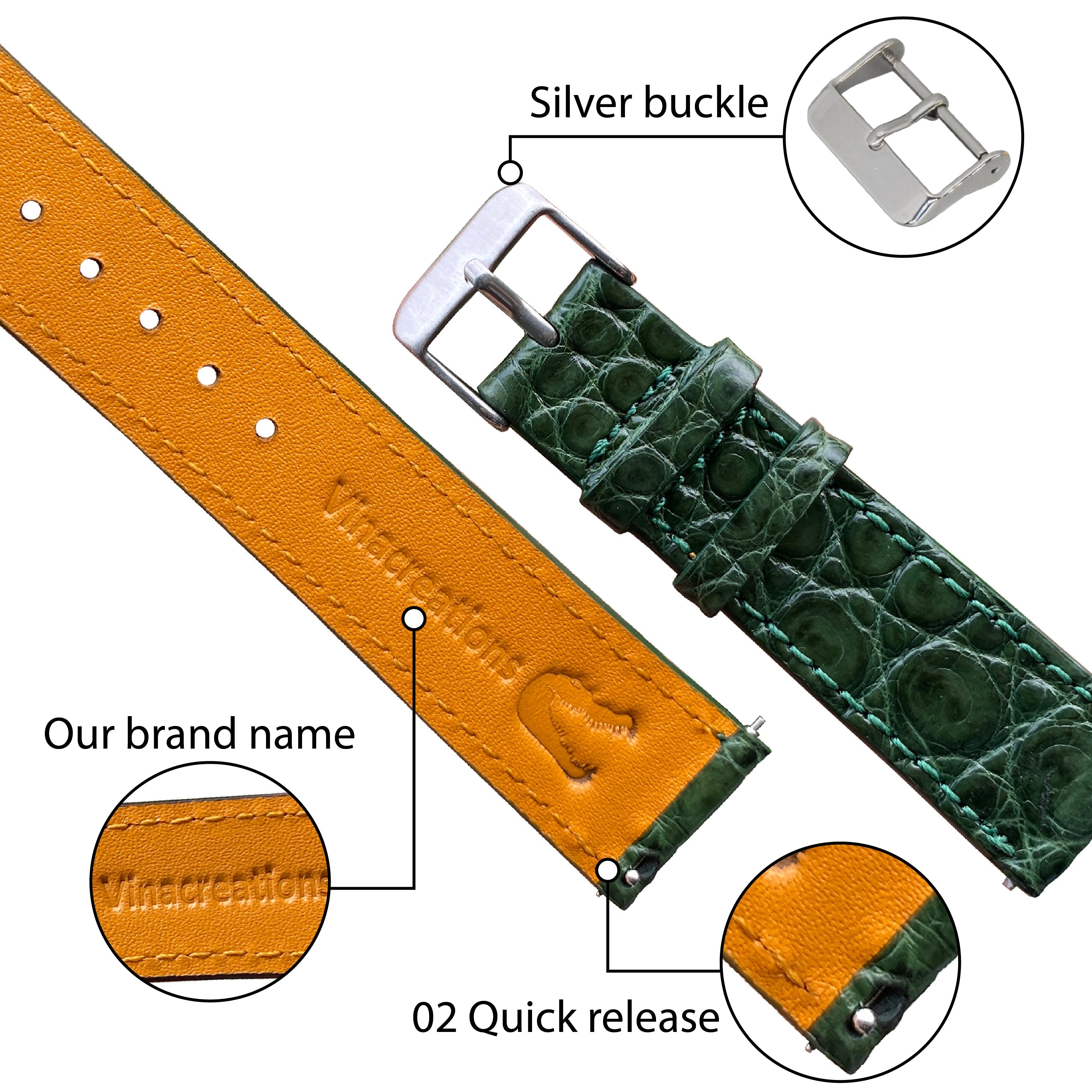 Green Flat Alligator Leather Watch Band Men | No-Padding | DH-28 - Vinacreations