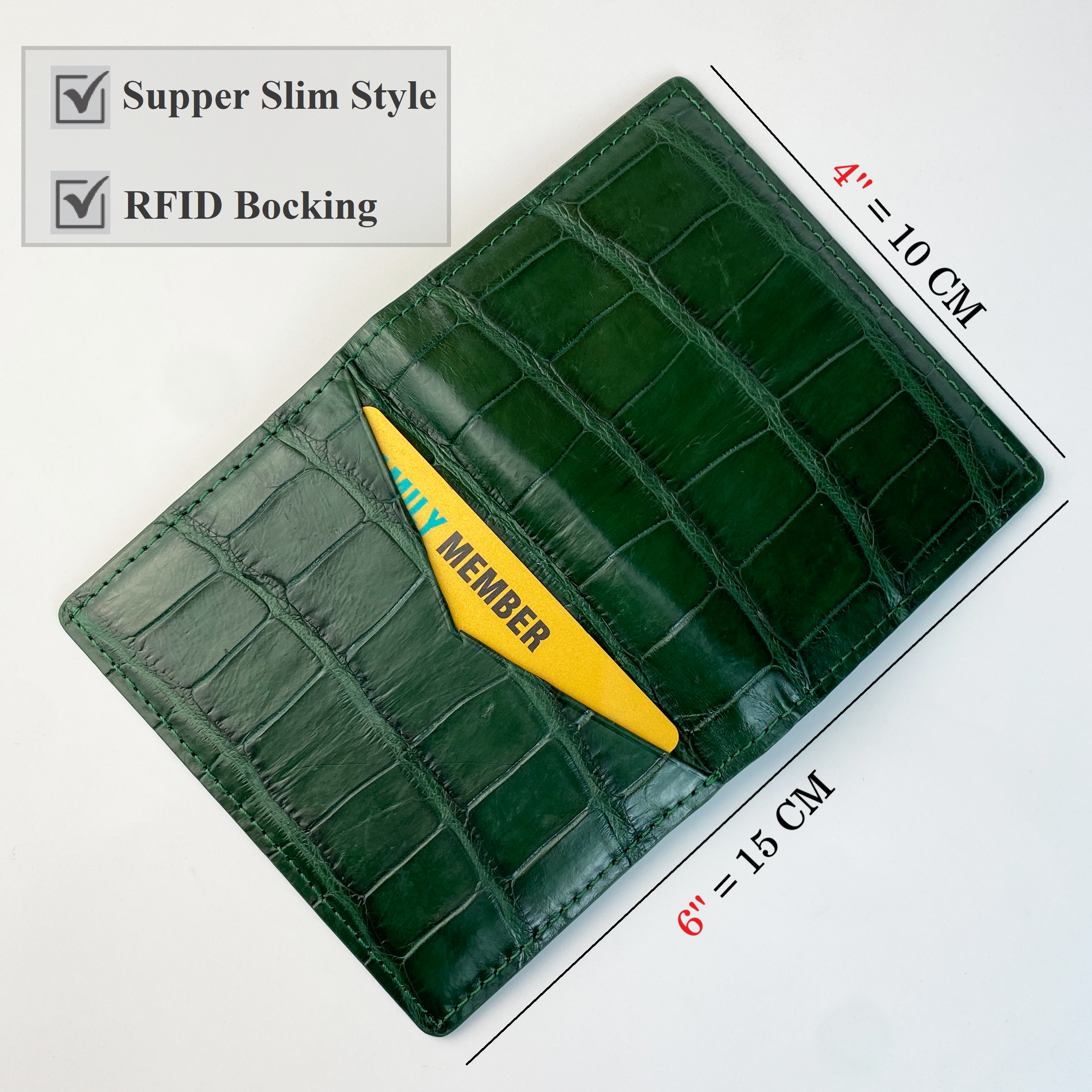 Green Alligator Leather Bifold Credit Card Holder Double Side | RFID Blocking | GREEN-CARD-14