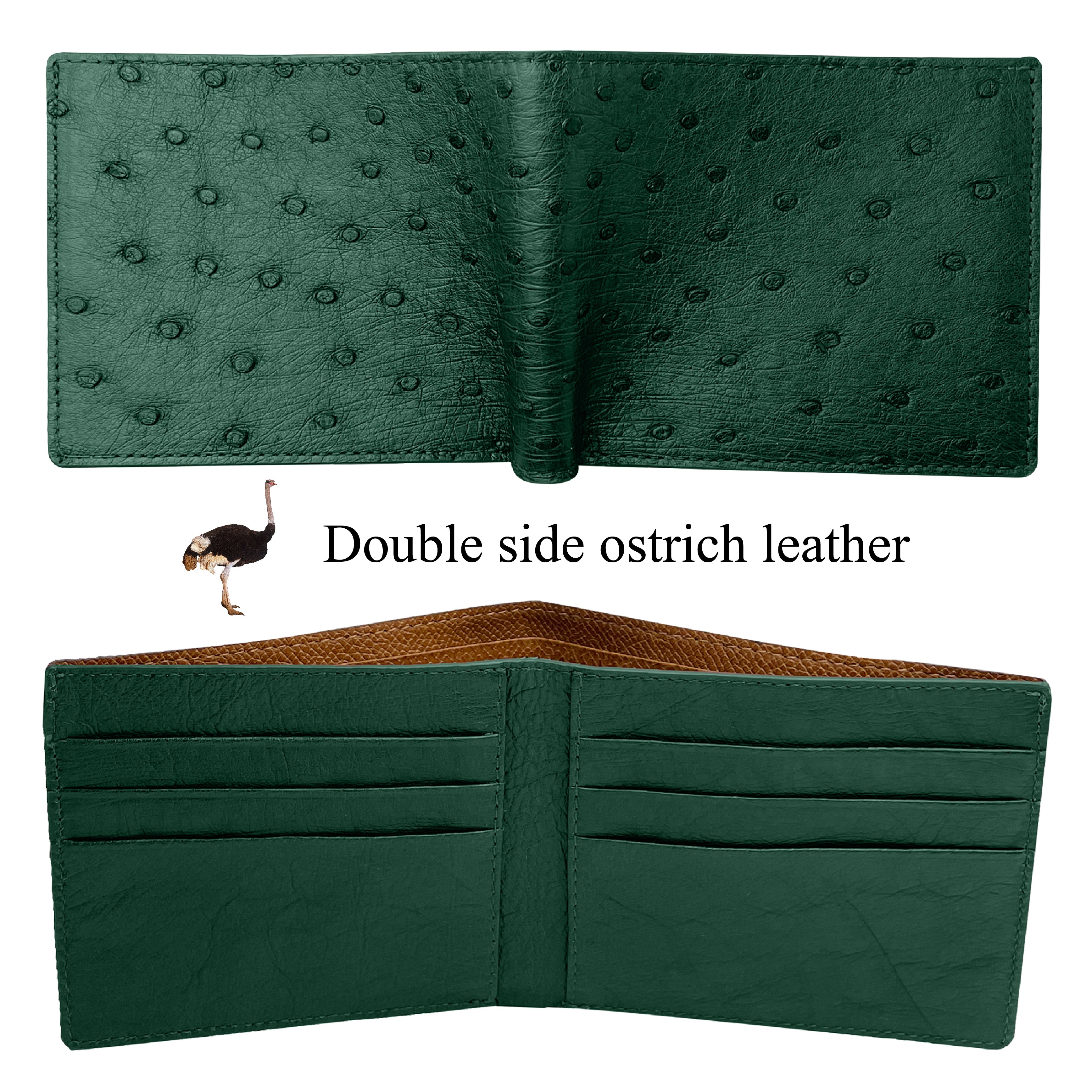 Green Handmade Double Side Ostrich Leather Bifold Wallet for Men