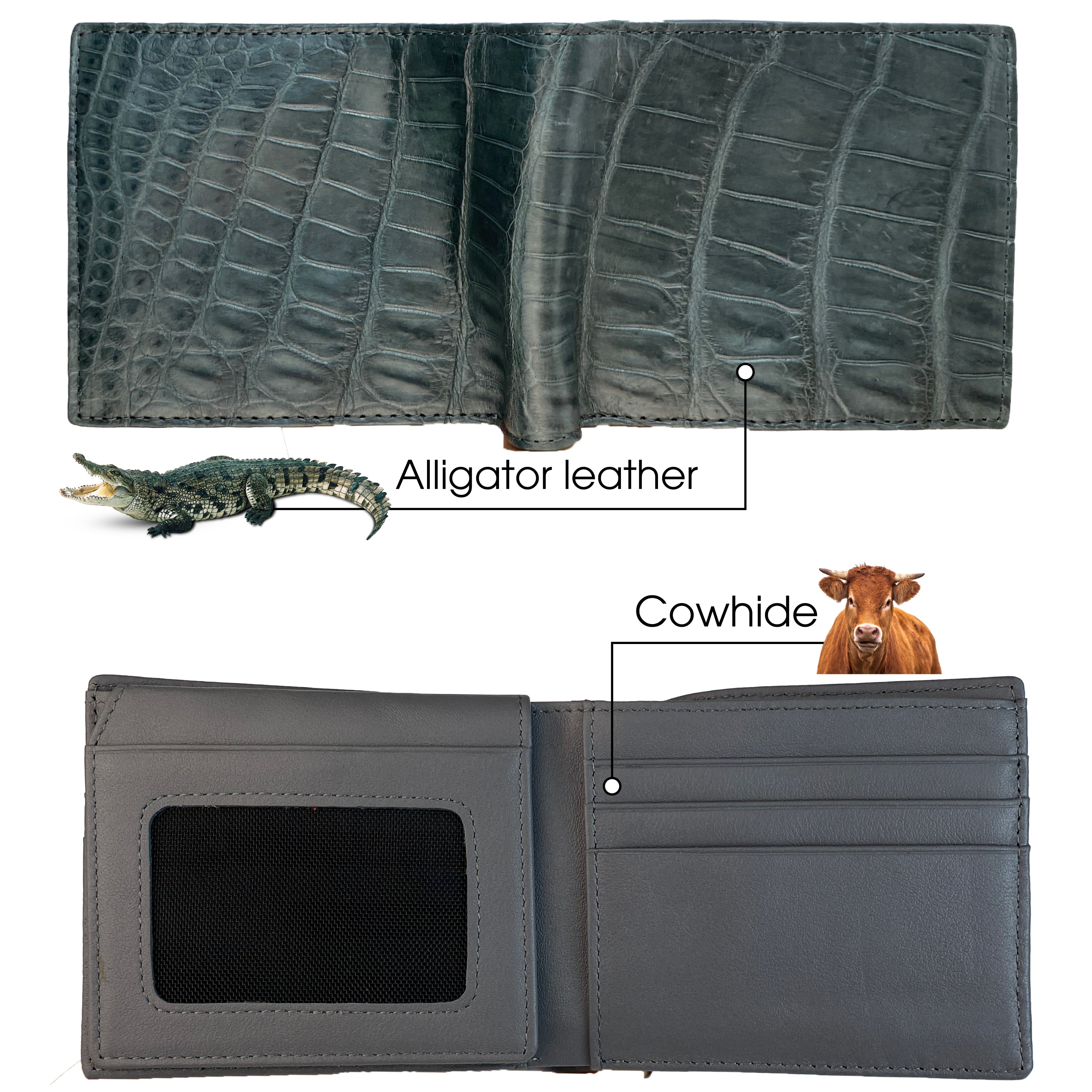 Grey Alligator Belly Leather Bifold Wallet for Men RFID Blocking | VINAM-48 - Vinacreations