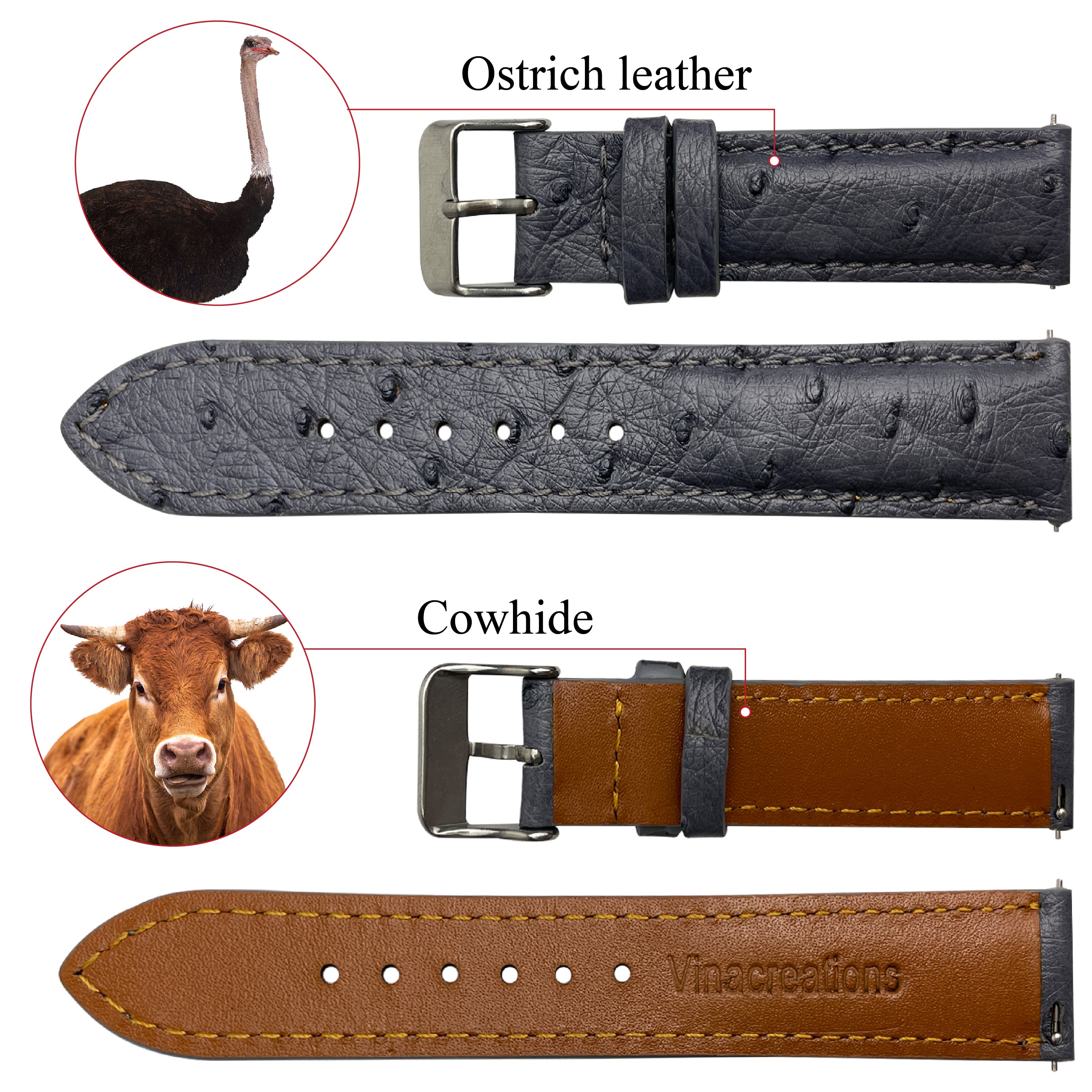 Grey Ostrich Leather Watch Strap Quick Release Replacement Wrist Watch Band - Vinacreations