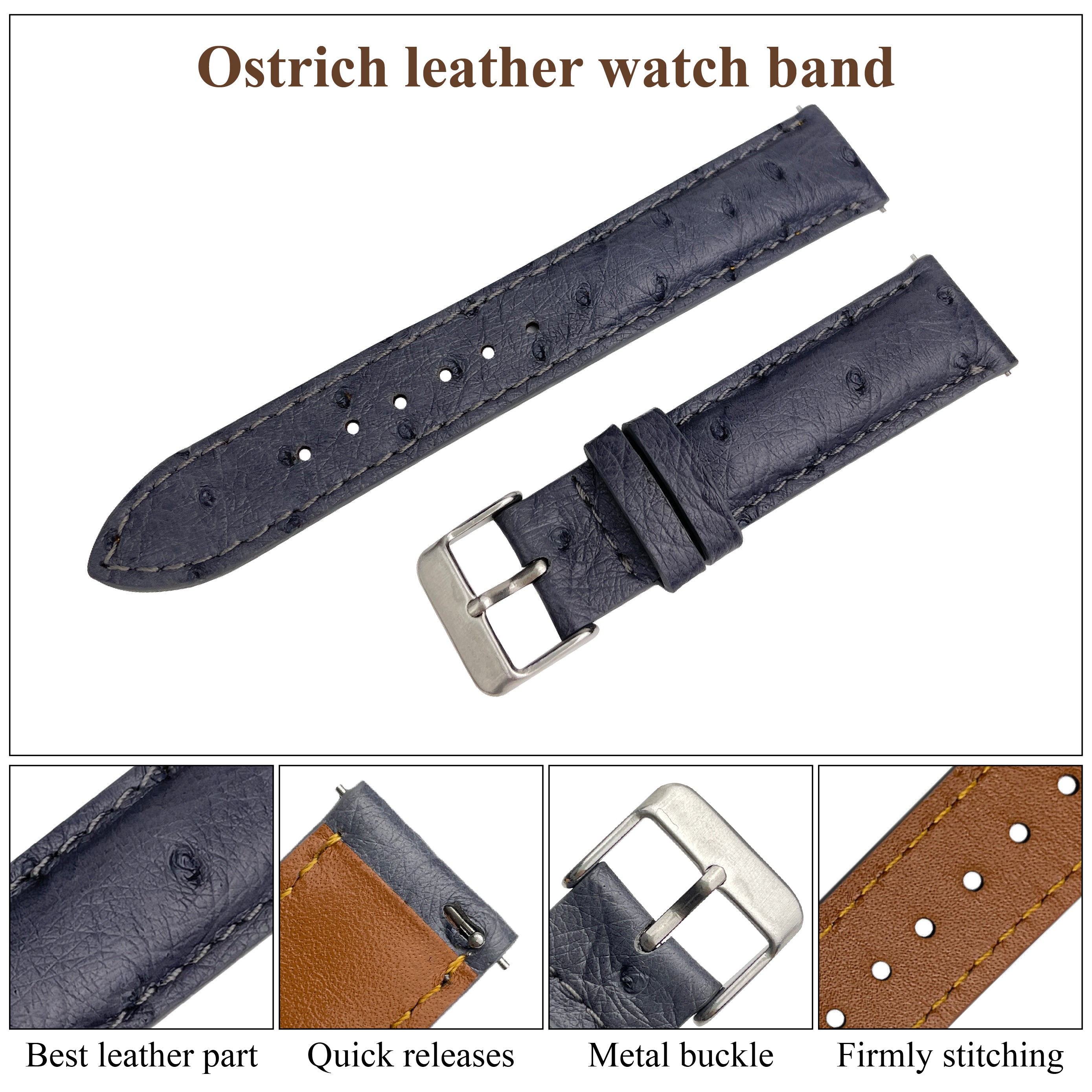 Grey Ostrich Leather Watch Strap Quick Release Replacement Wrist Watch Band - Vinacreations