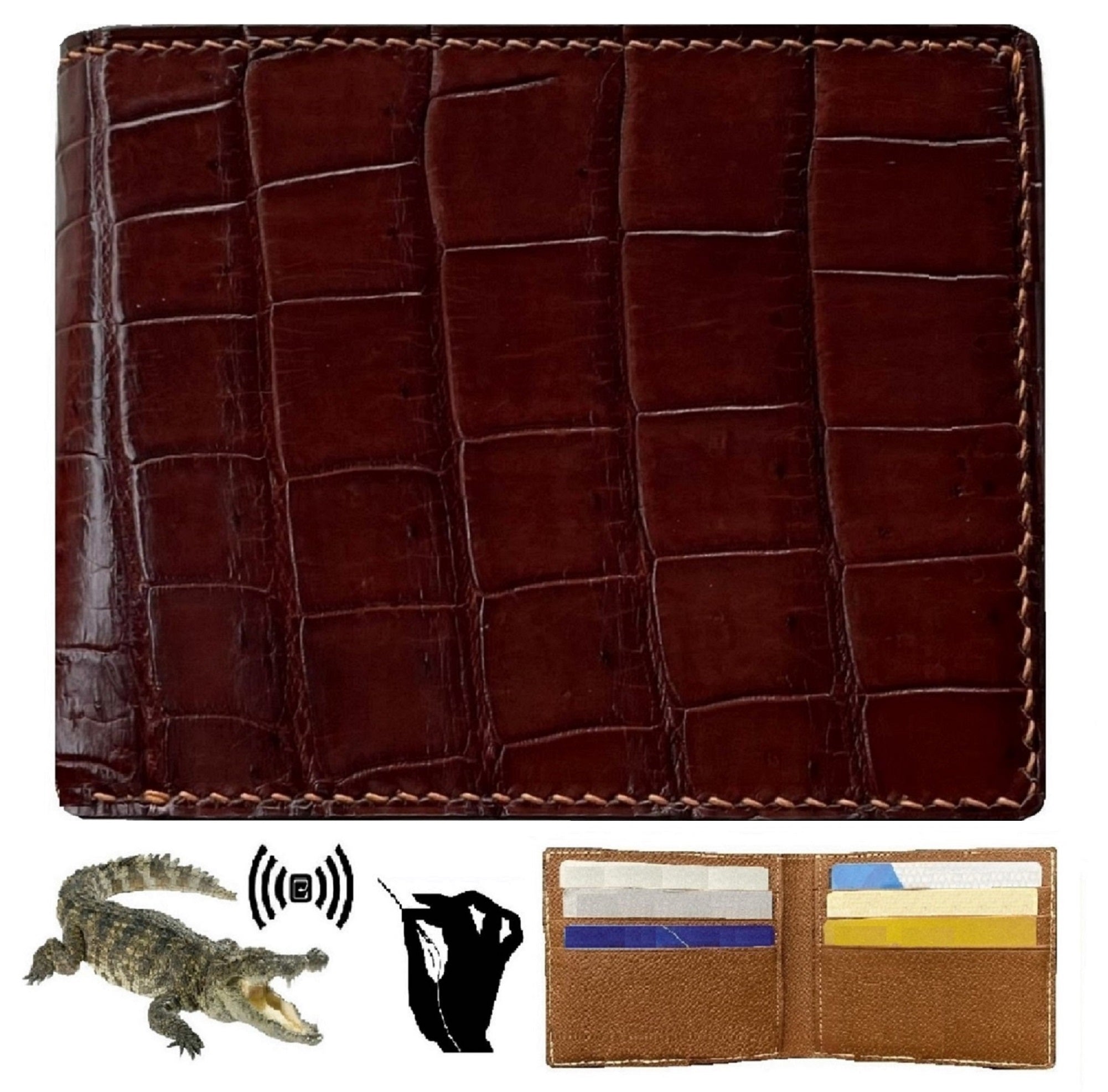 Brown Alligator Bifold Jumbo Wallet – 12 Card Slots, Made In USA By Yoder Leather Company