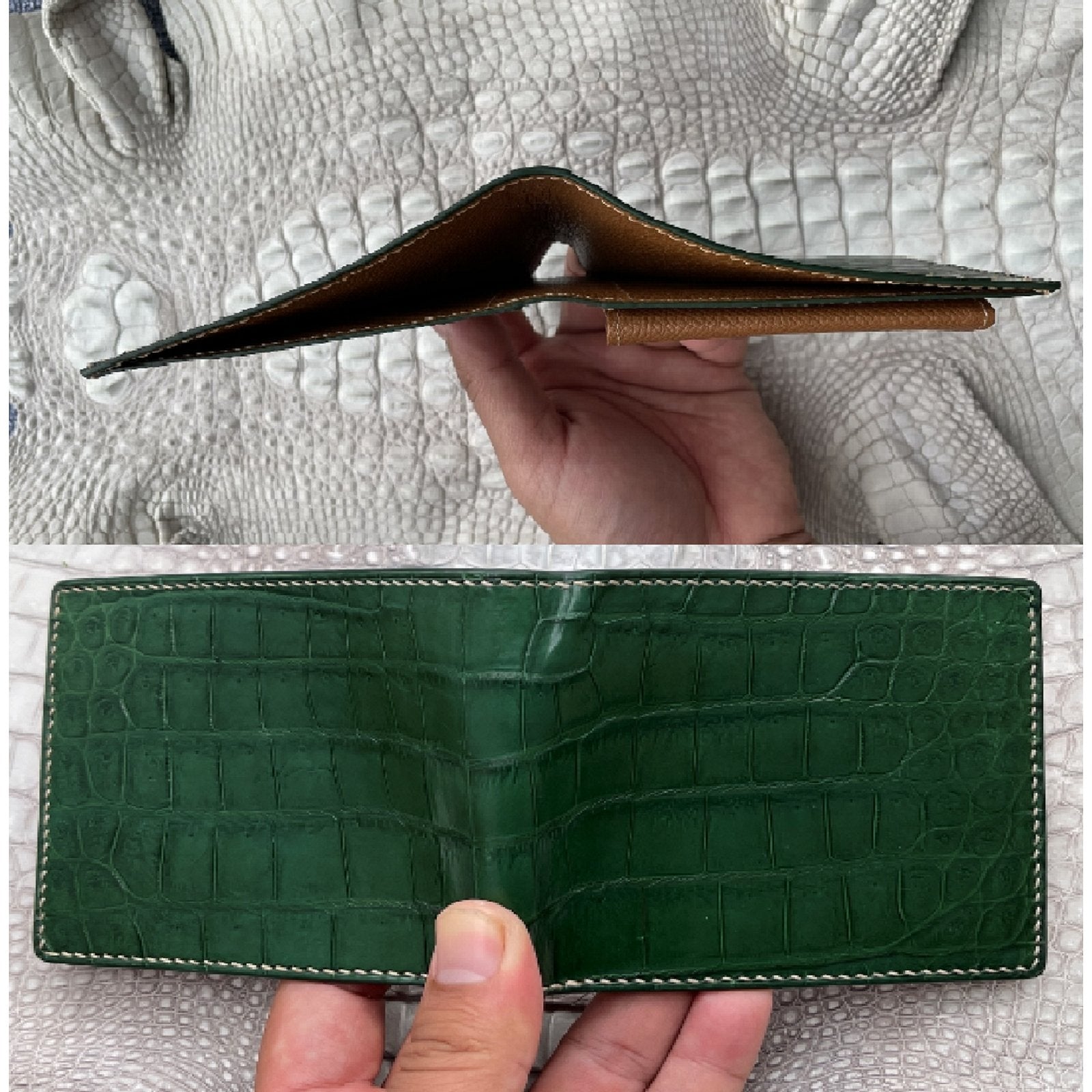 Hand Stitching Green Alligator Bifold Wallet with Coin Pocket | Slim Leather Wallet RFID Blocking | VINAM-91 - Vinacreations