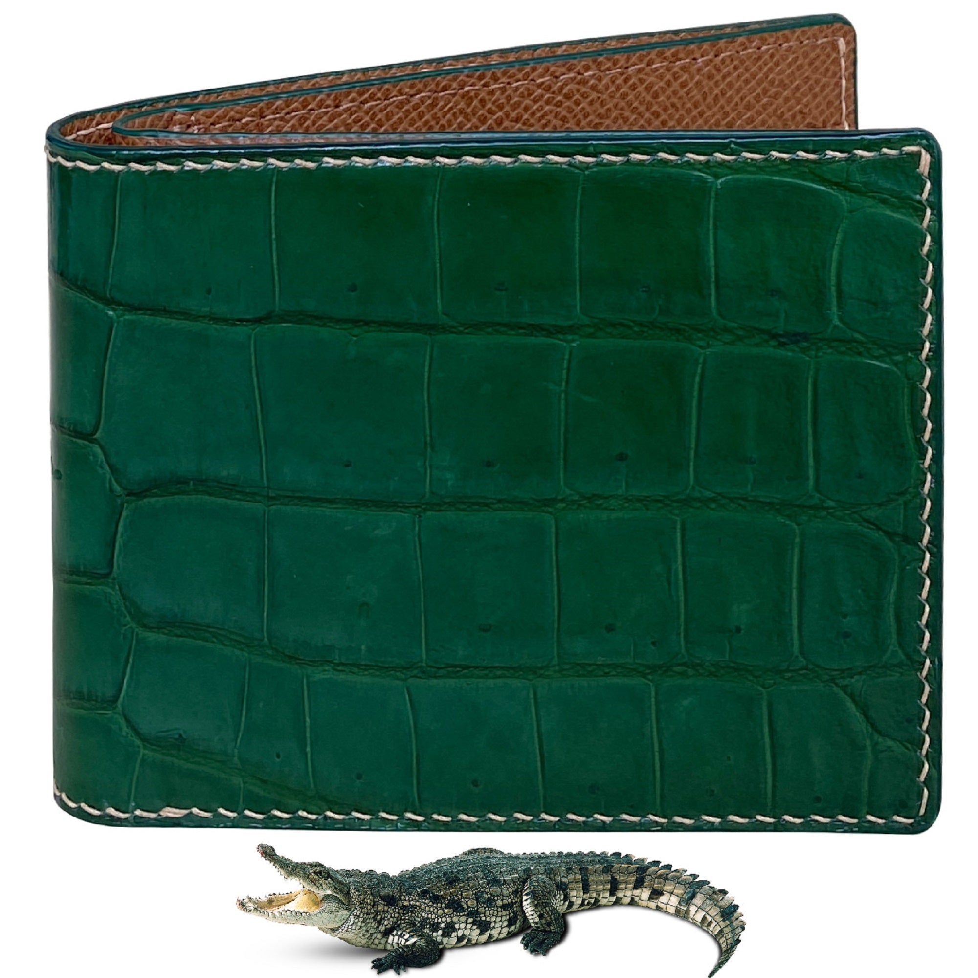 Hand Stitching Slim Green Alligator Bifold Wallet RFID Blocking | VINAM-87 - Vinacreations