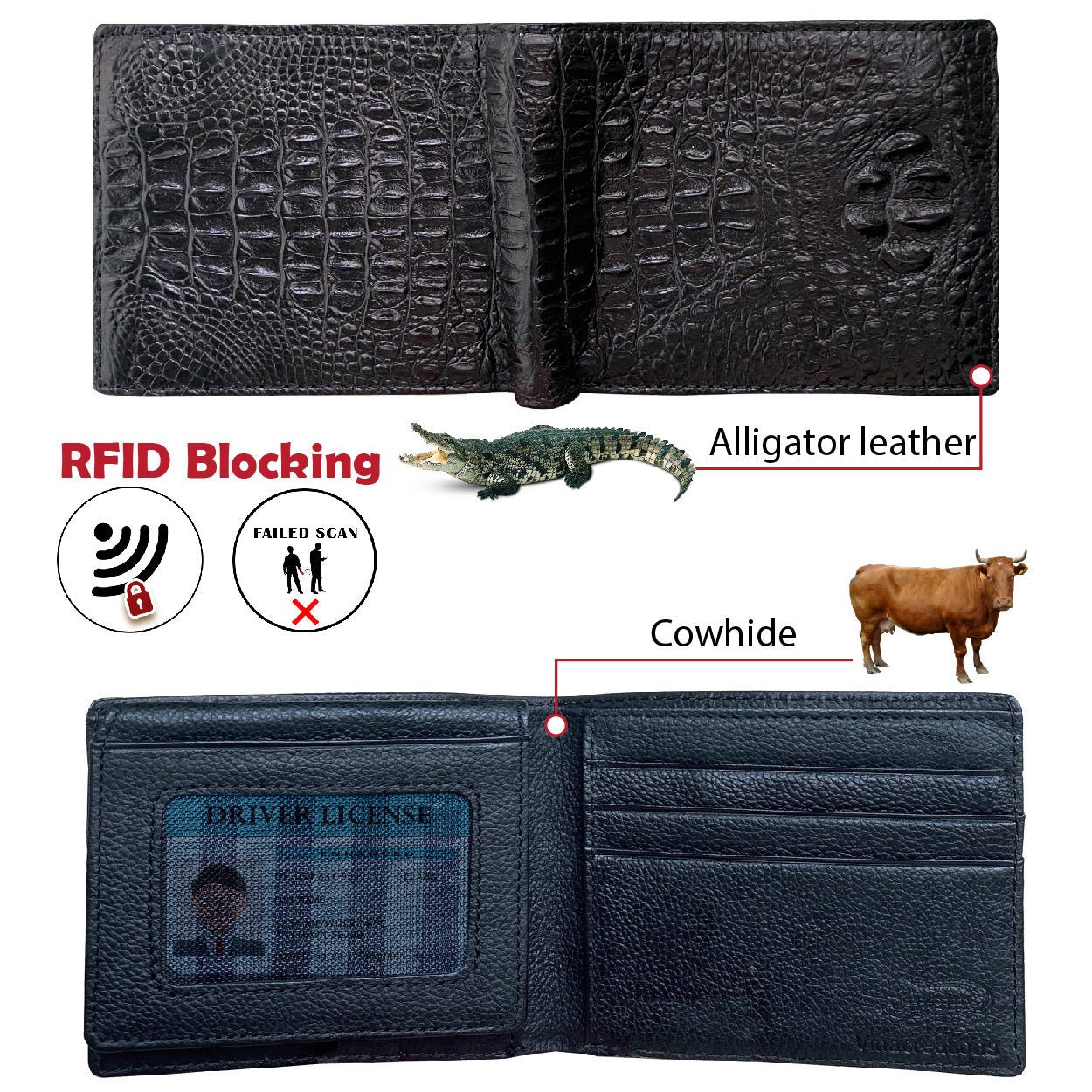 Handmade Black Alligator Hornback Bifold Wallet RFID Blocking for Men | VINAM-43 - Vinacreations