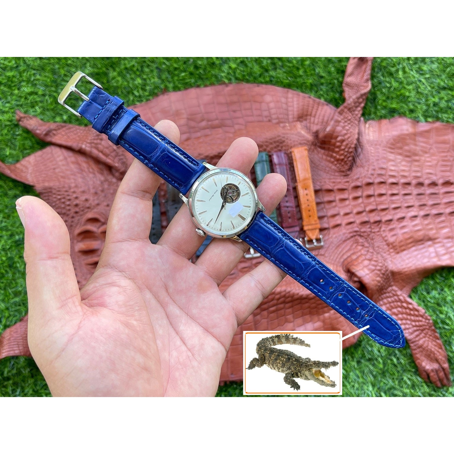 Handmade Light Blue Alligator Leather Watch Band For Men | Premium Crocodile Quick Release Replacement Wristwatch Strap | DH-05 - Vinacreations