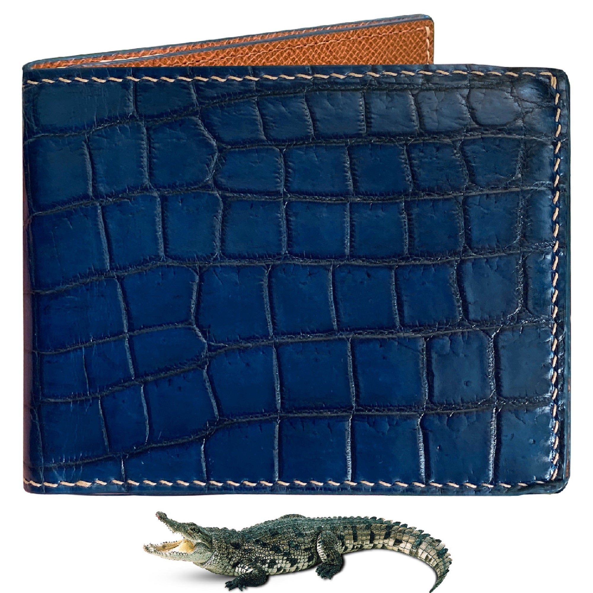 Handmade Navy Blue Alligator Bifold Wallet RFID Blocking Hand Stitching | VINAM-88 - Vinacreations