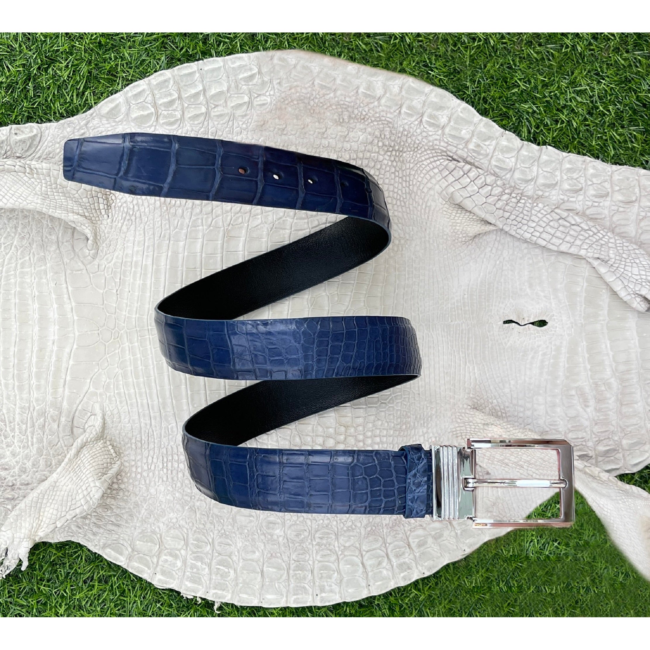 Handmade Alligator Leather Belt, Dark Blue Leather Belt LB043