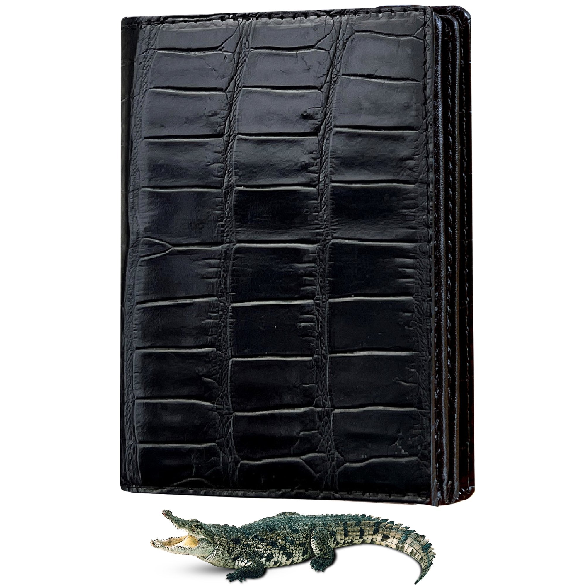 Large Capacity Alligator Leather Vertical Bifold Wallet | Crocodile Credit Card Holder for Men with 15 Card Slots | Black DUN11 - Vinacreations