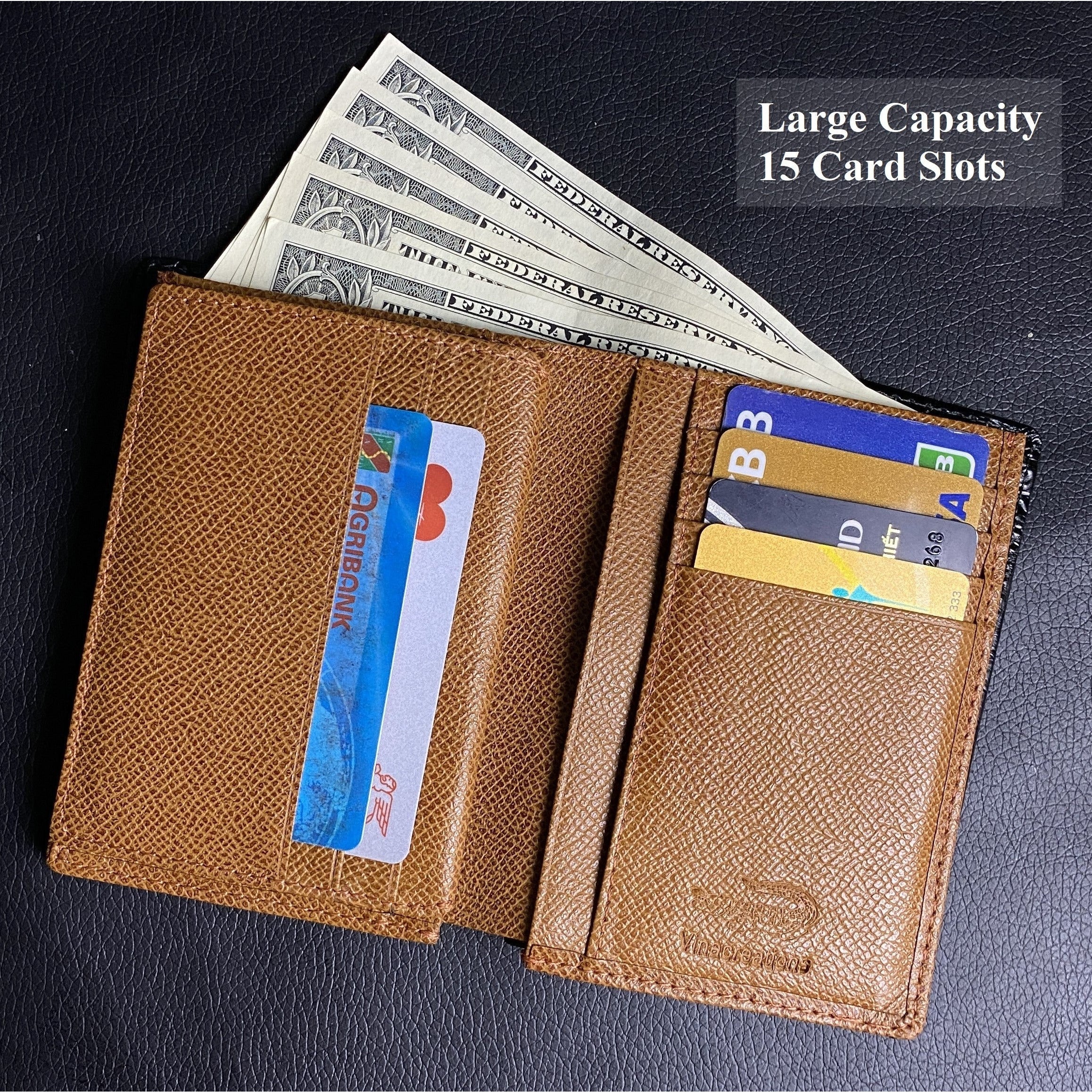 Large Capacity Alligator Leather Vertical Bifold Wallet | Crocodile Credit Card Holder for Men with 15 Card Slots | Black DUN16 - Vinacreations