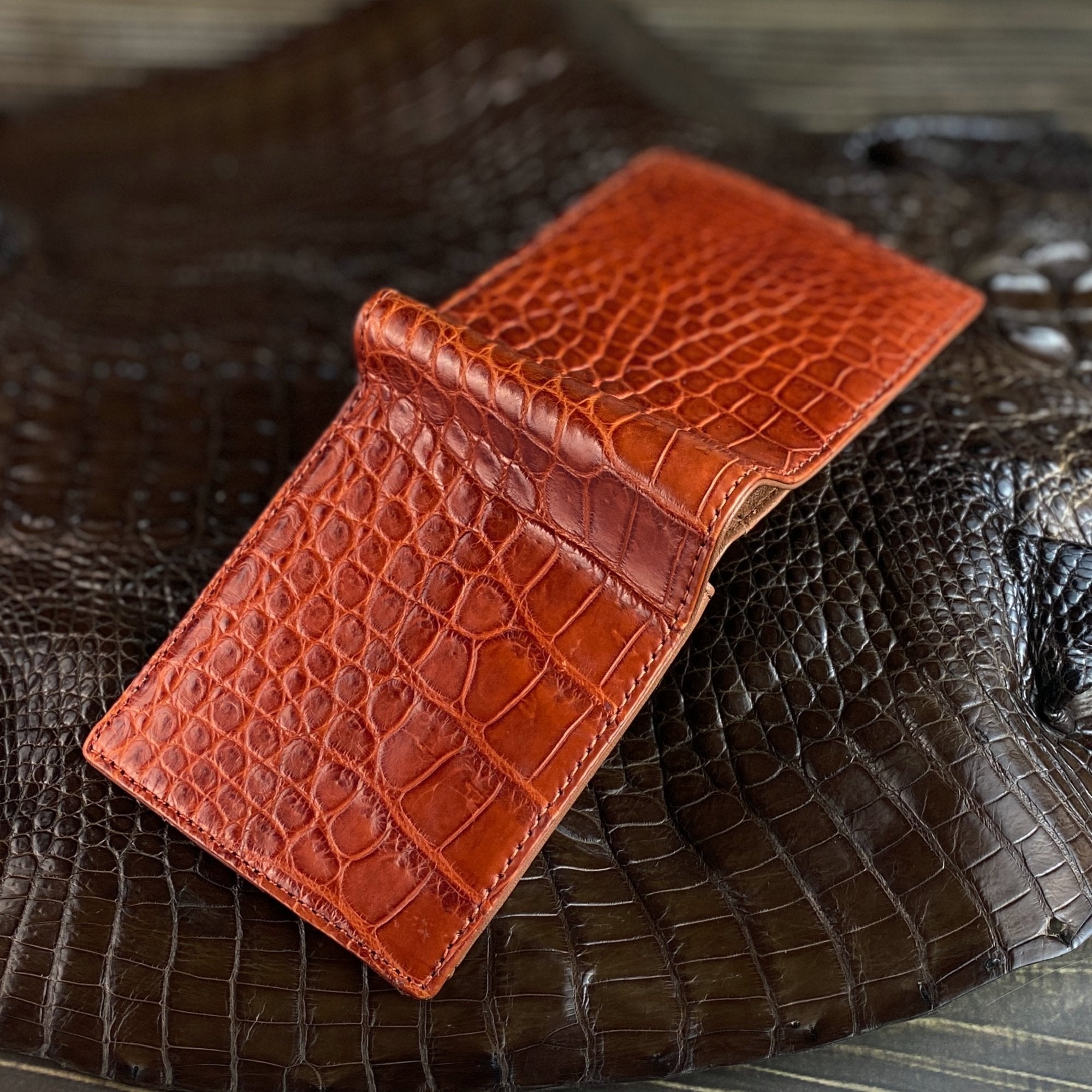 Best Genuine Navy Blue Leather Alligator Bifold Wallet RFID Blocking