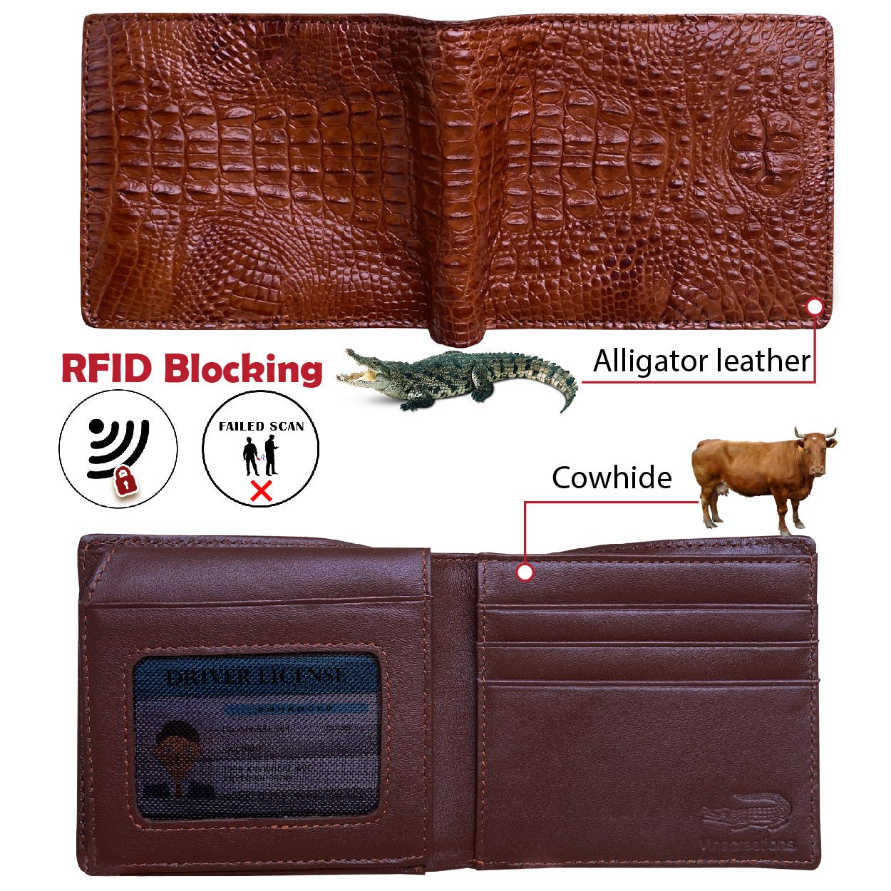 Light Brown Alligator Hornback Bifold Wallet RFID Blocking | VINAM-41 - Vinacreations