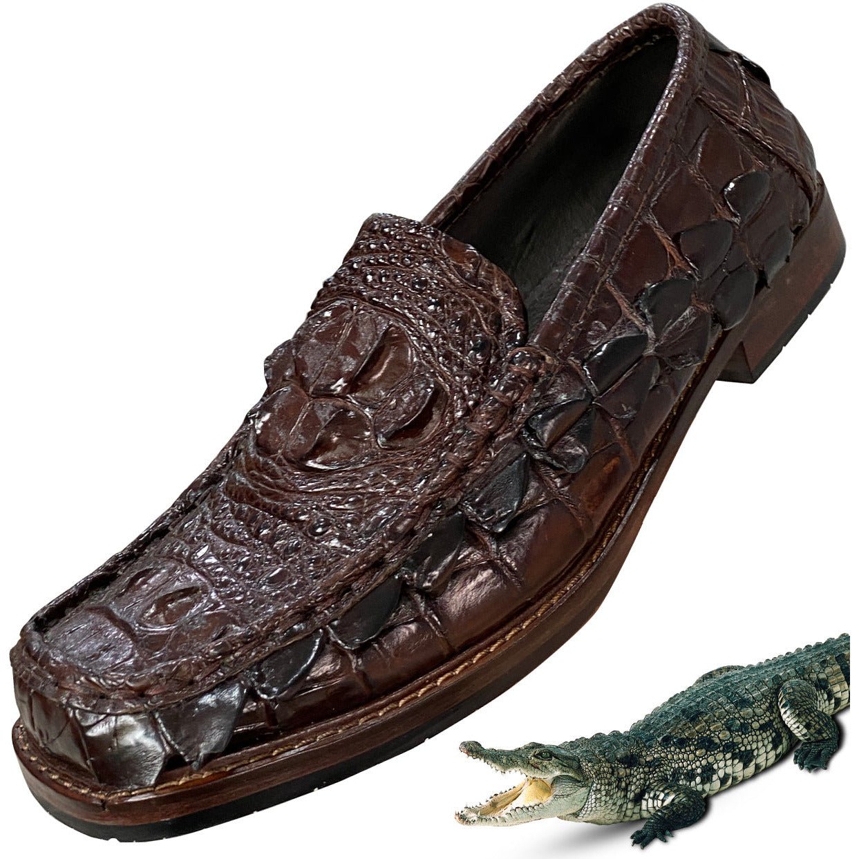 Men Dark Brown Alligator Leather Loafers Slip-On | Crocodile Hornback Skin Exotic Dress Shoes | SH123O - Vinacreations