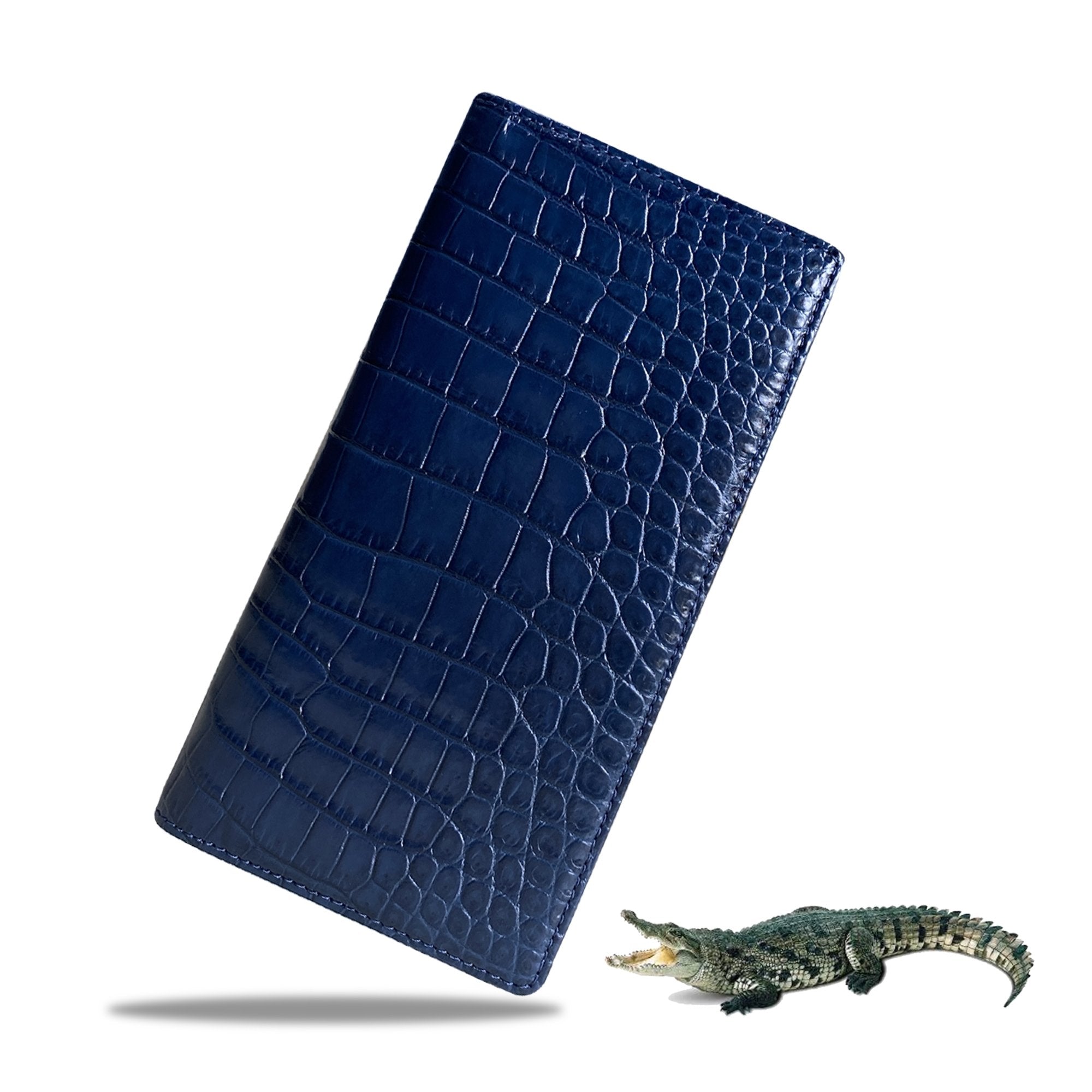 Navy Blue Double Side Alligator Long Wallet For Men | Premium Crocodile Leather Checkbook RFID Blocking | LON44-CS - Vinacreations