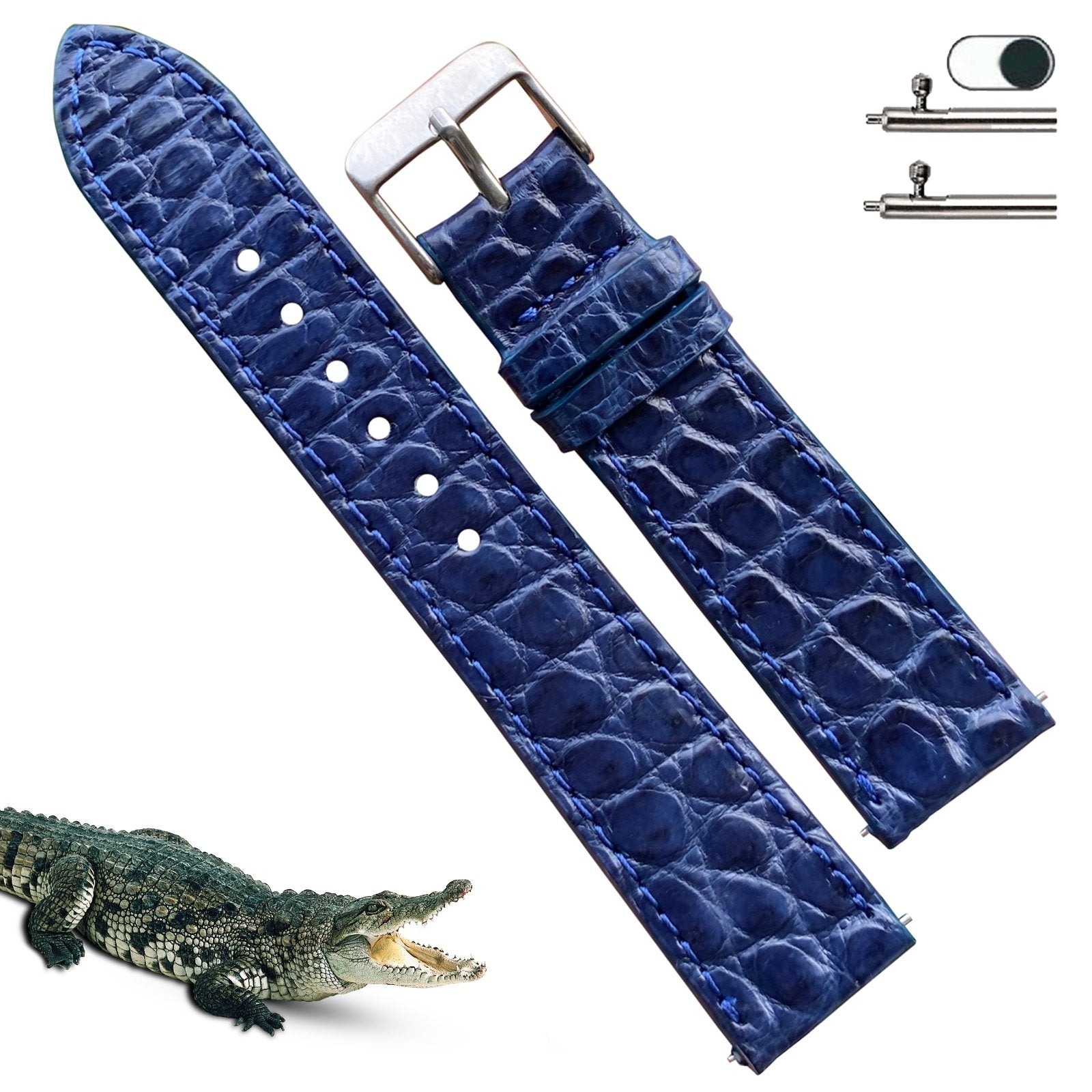 Navy Blue Flat Alligator Leather Watch Band For Men | No-Padding | DH-24 - Vinacreations