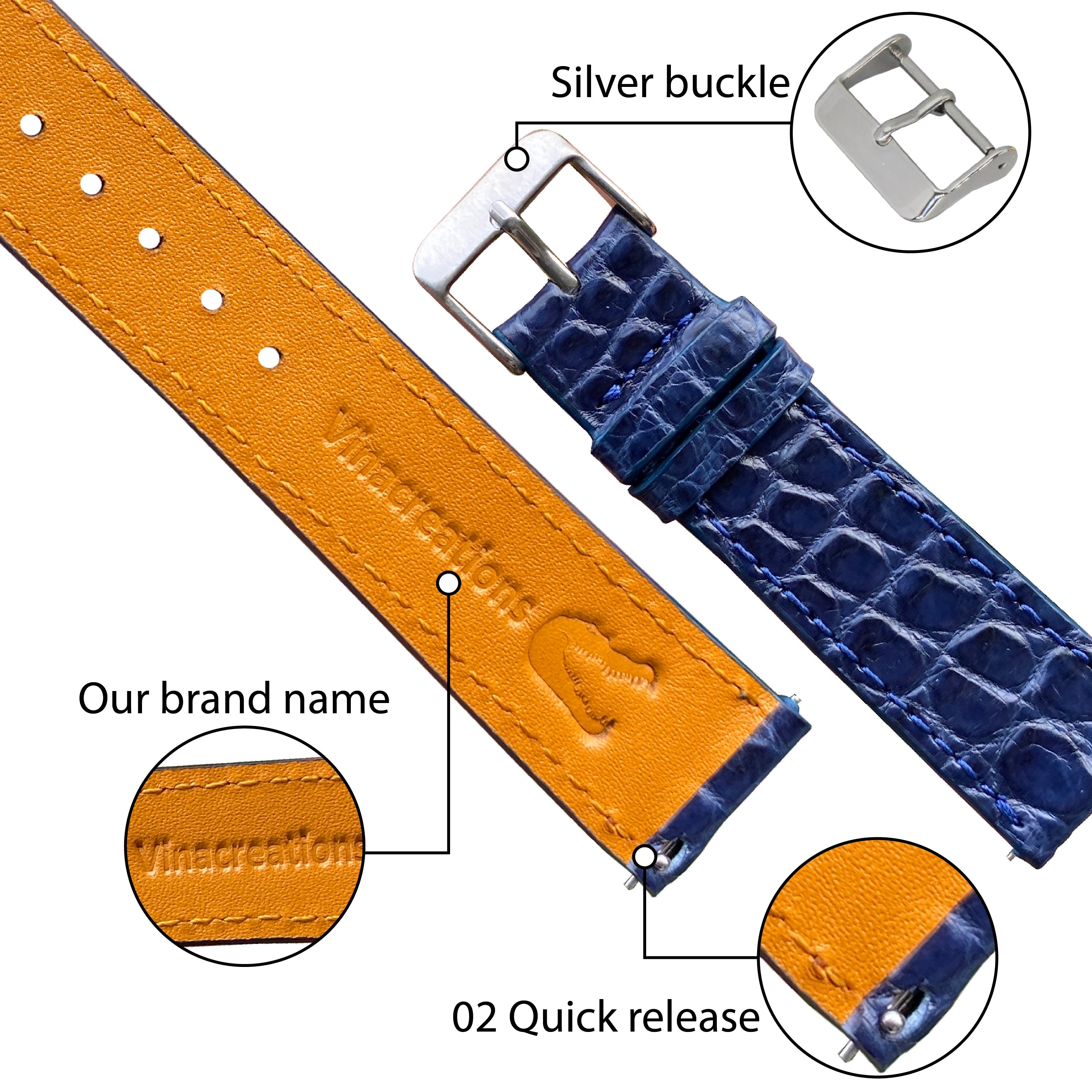 Navy Blue Flat Alligator Leather Watch Band For Men | No-Padding | DH-24 - Vinacreations