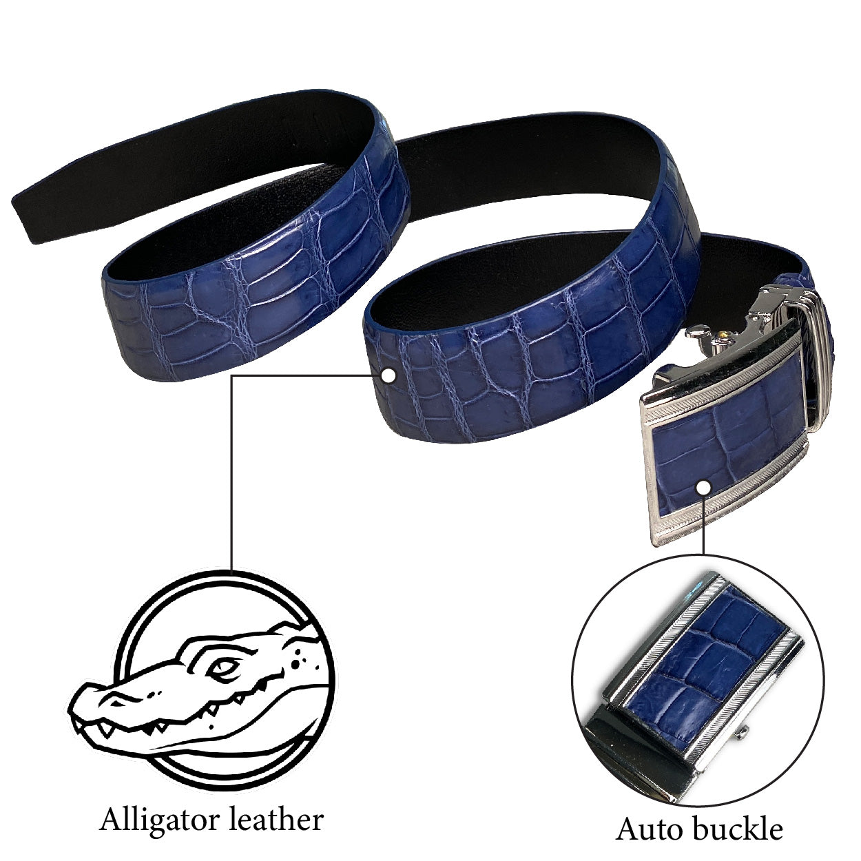 Handcrafted Navy Blue Alligator Belt Men's - Automatic Buckle | BE-NAV-04