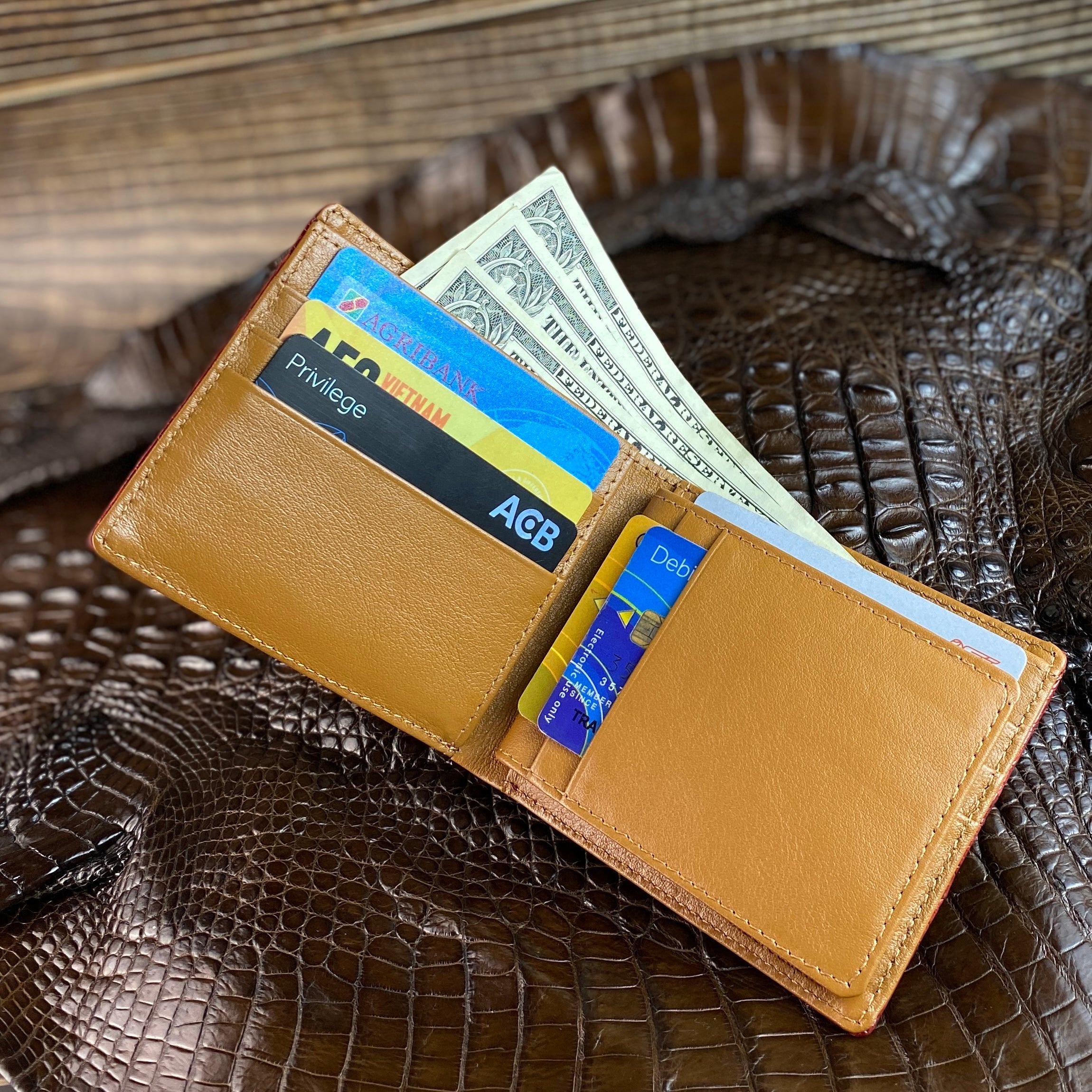 Orange Alligator Tail Leather Bifold Wallet For Men | Handmade Crocodile Wallet RFID Blocking | VINAM-105 - Vinacreations