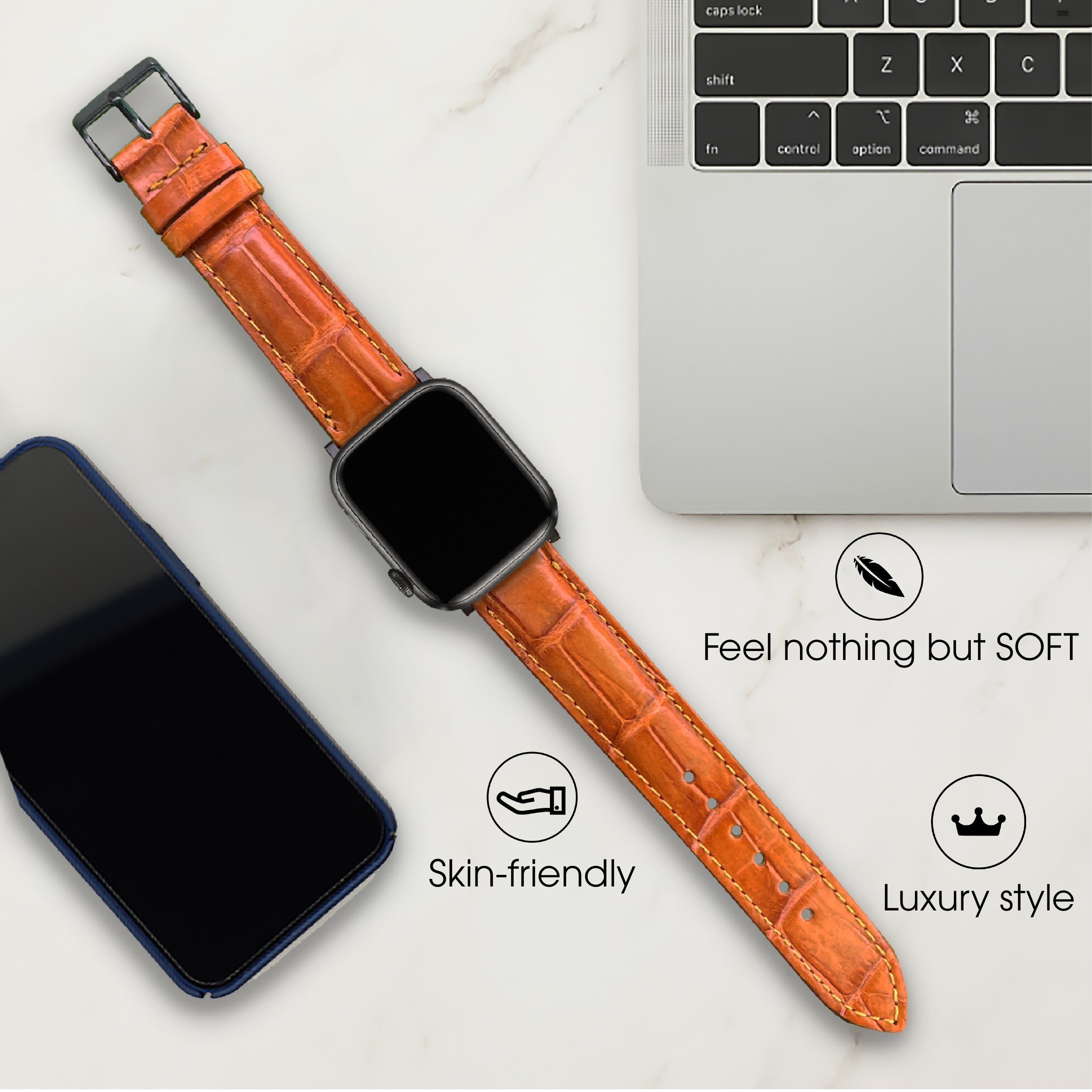 Orange Carrot Alligator Leather Watch Band Crocodile Strap Compatible with Apple Watch IWatch Series 7 6 5 4 3 2 1 SE | AW-153 - Vinacreations