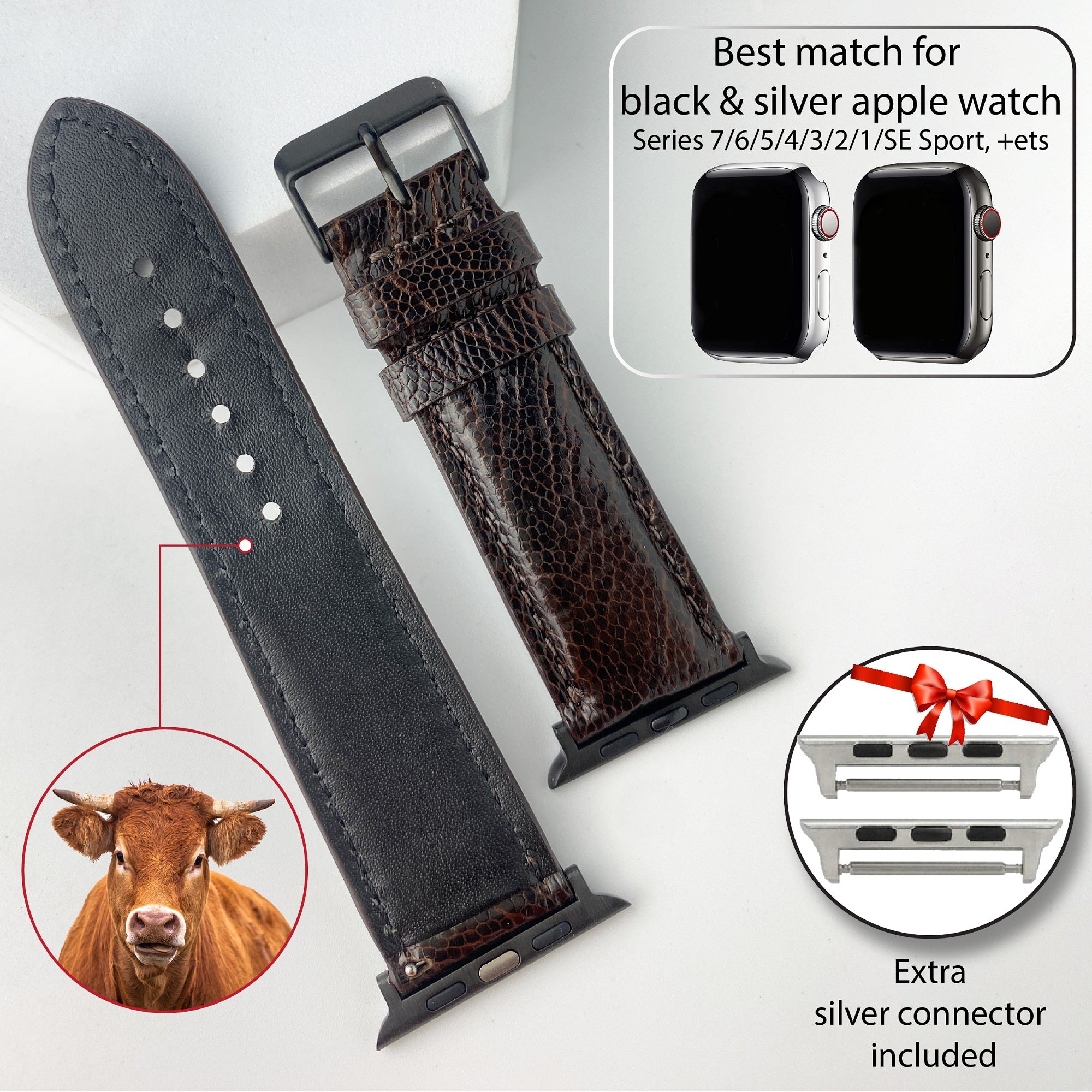 Dark Brown Ostrich Leather Strap for Apple Watch