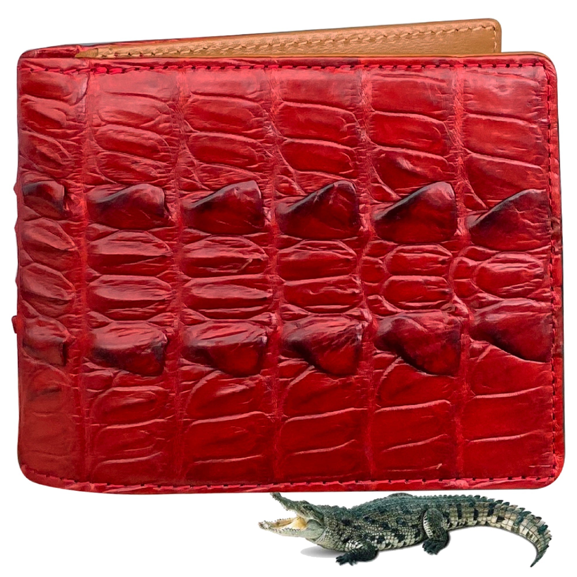 Red Genuine Crocodile Hornback Skin Mens Wallet