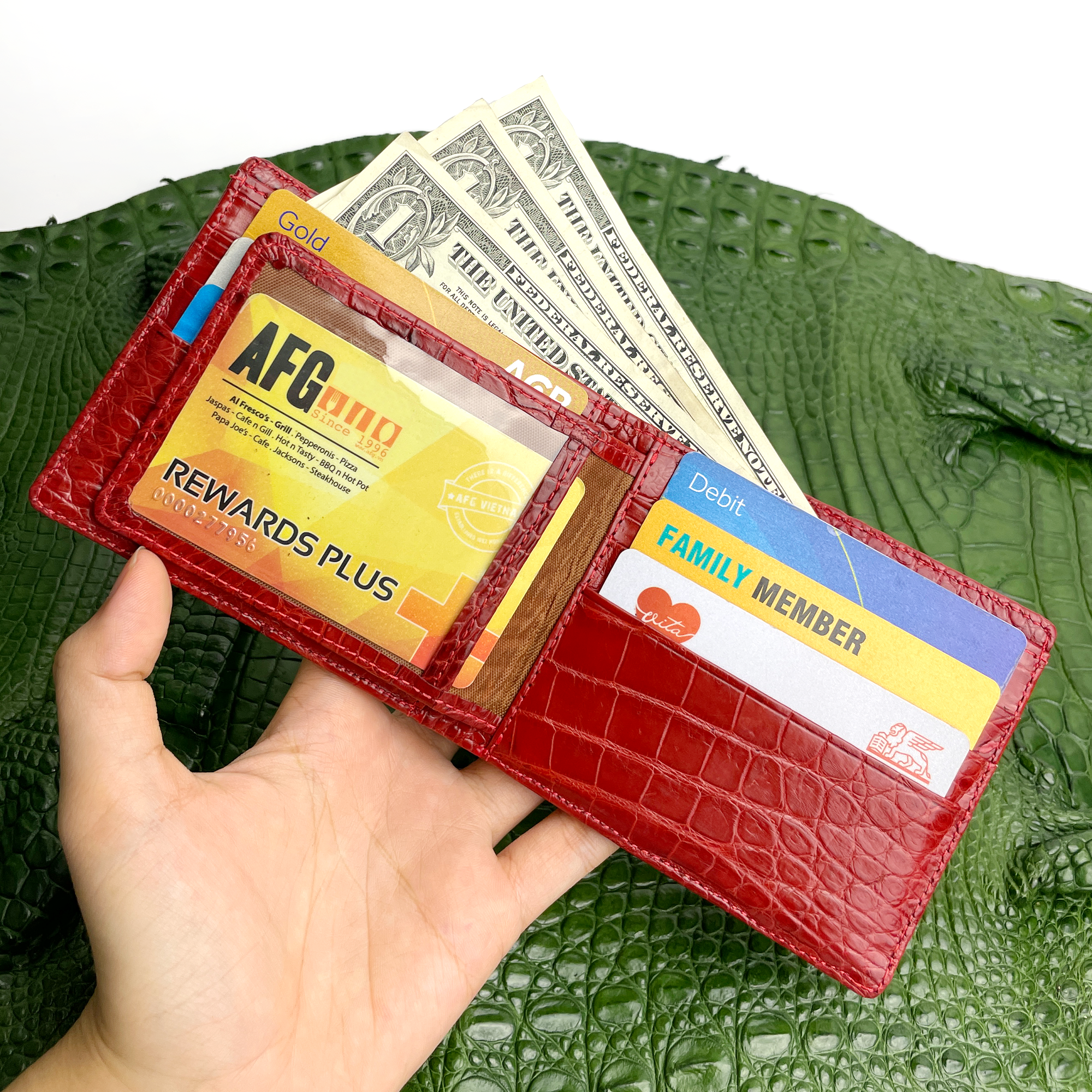 Red Double Side Alligator Hornback Leather Bifold Wallet For Men | Handmade Crocodile Wallet RFID Blocking | VINAM-102