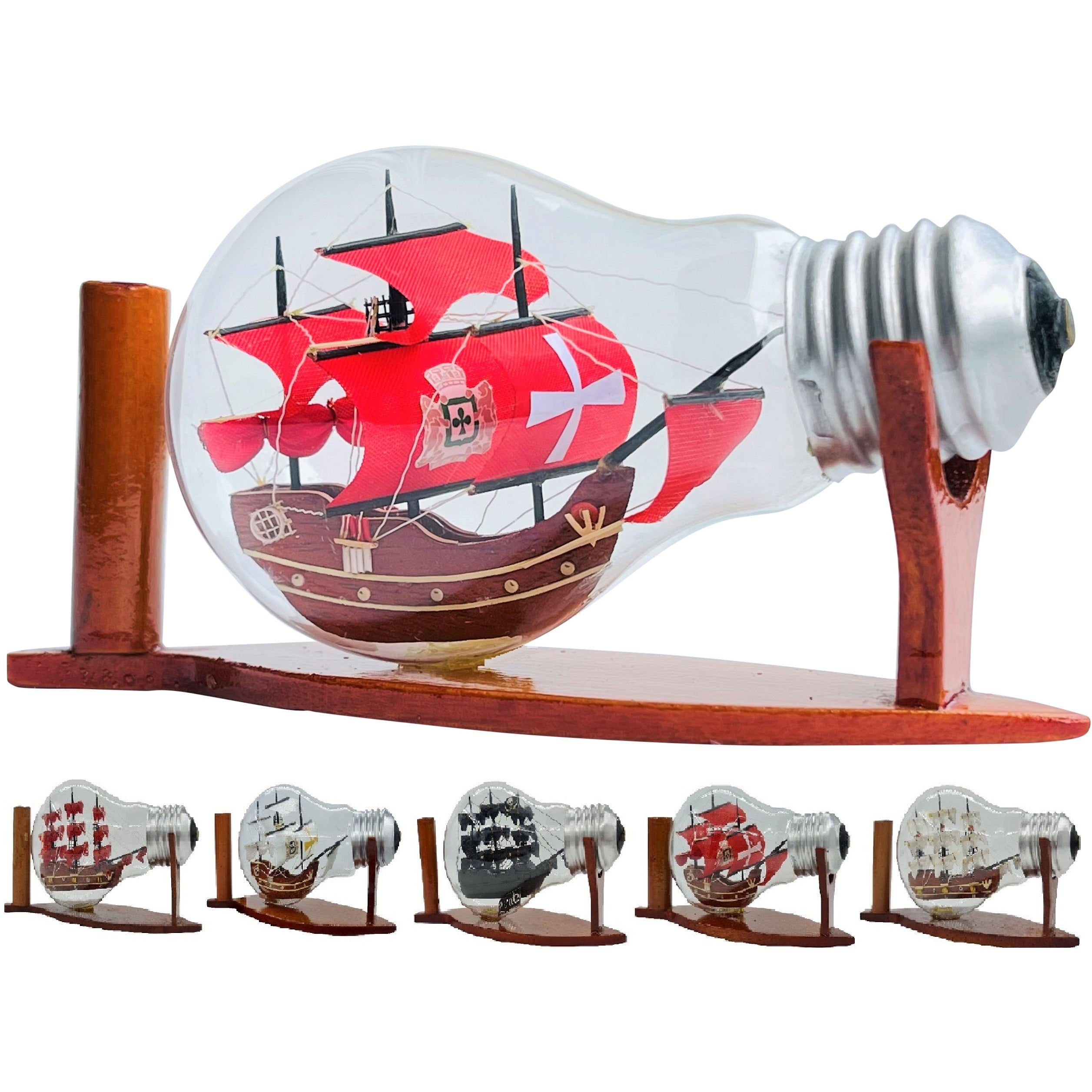 Red Santa Maria Ship In A Bottle Miniature Boat Nautical Home Decor - Vinacreations