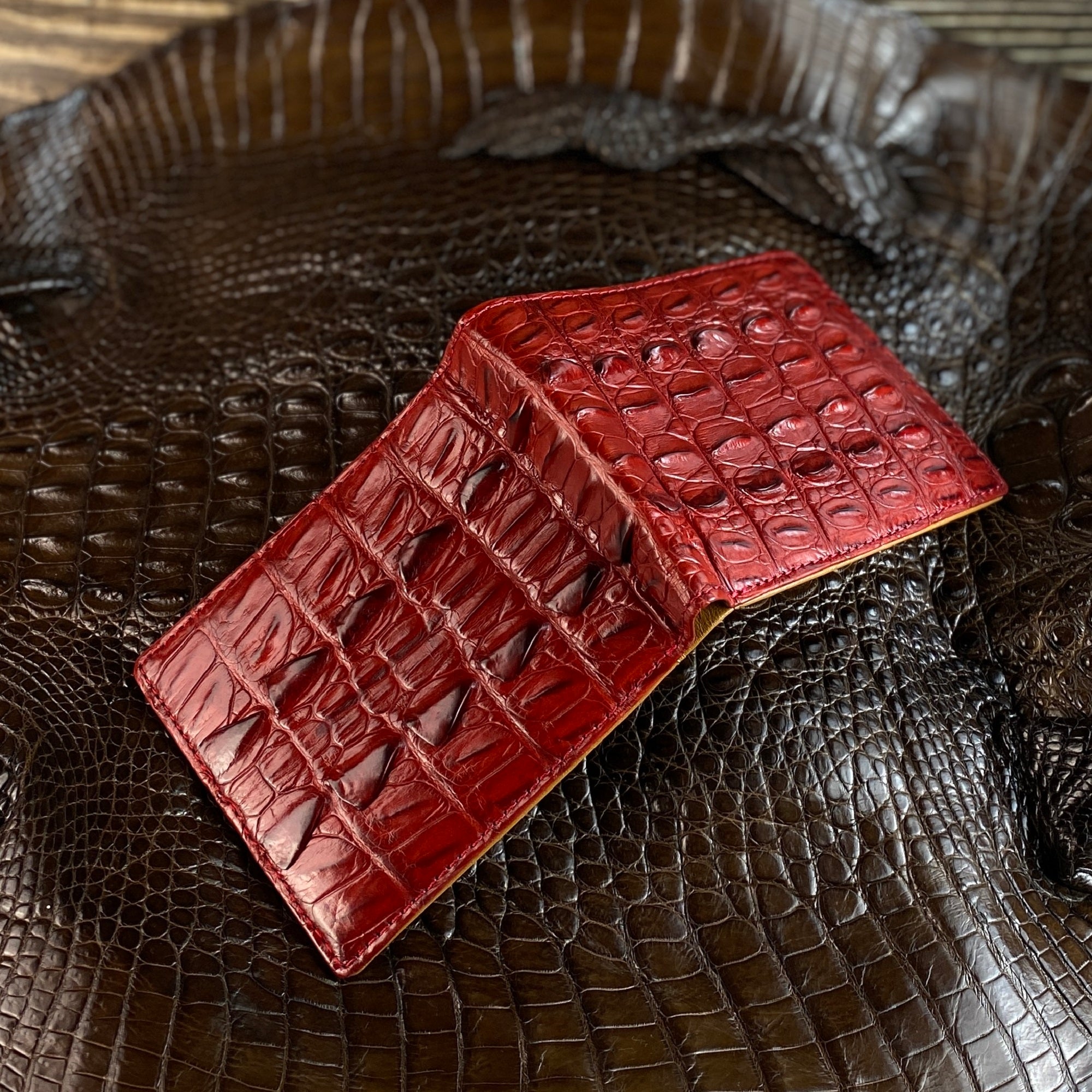 Red Alligator Tail Leather Bifold Wallet For Men