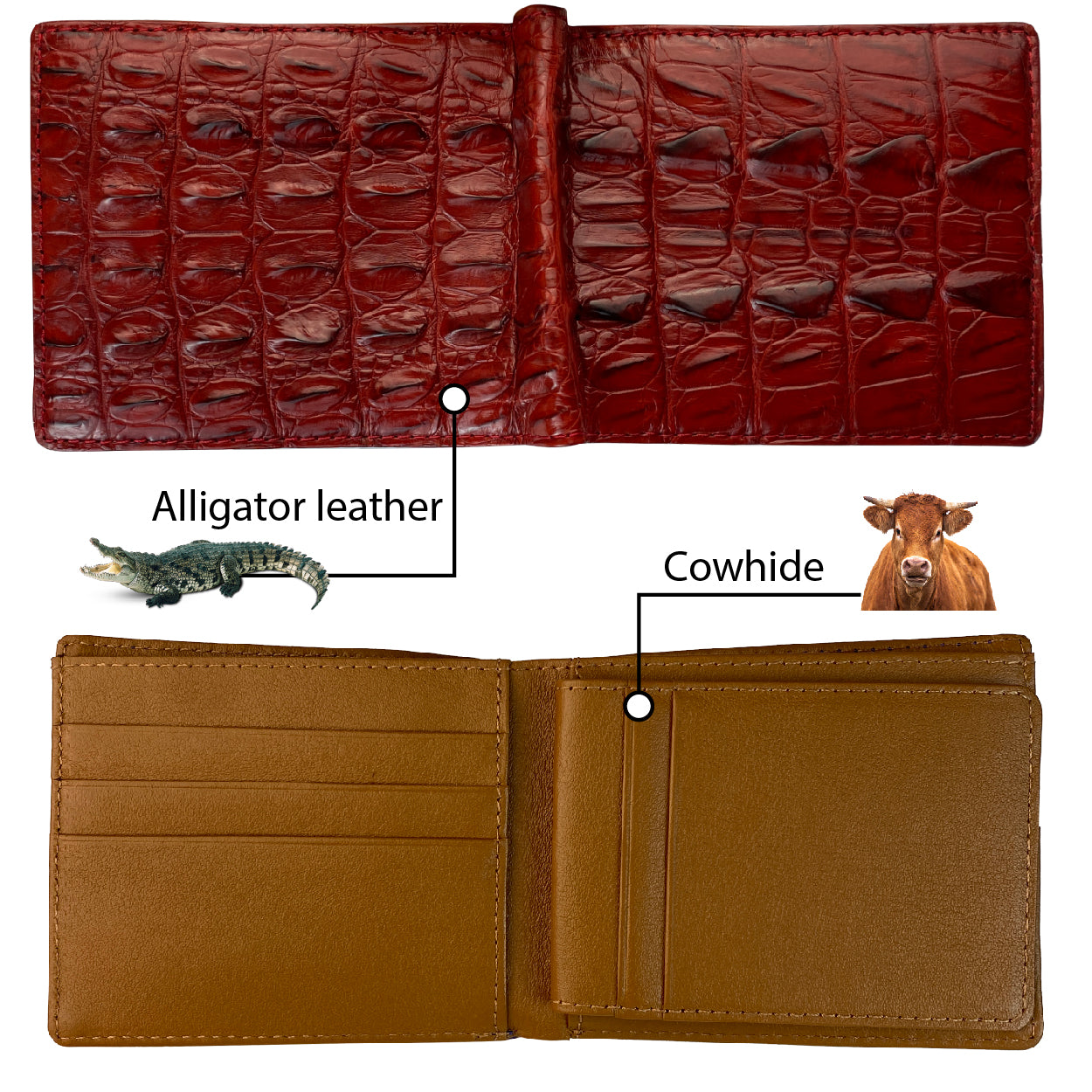 Red Alligator Tail Leather Bifold Wallet For Men