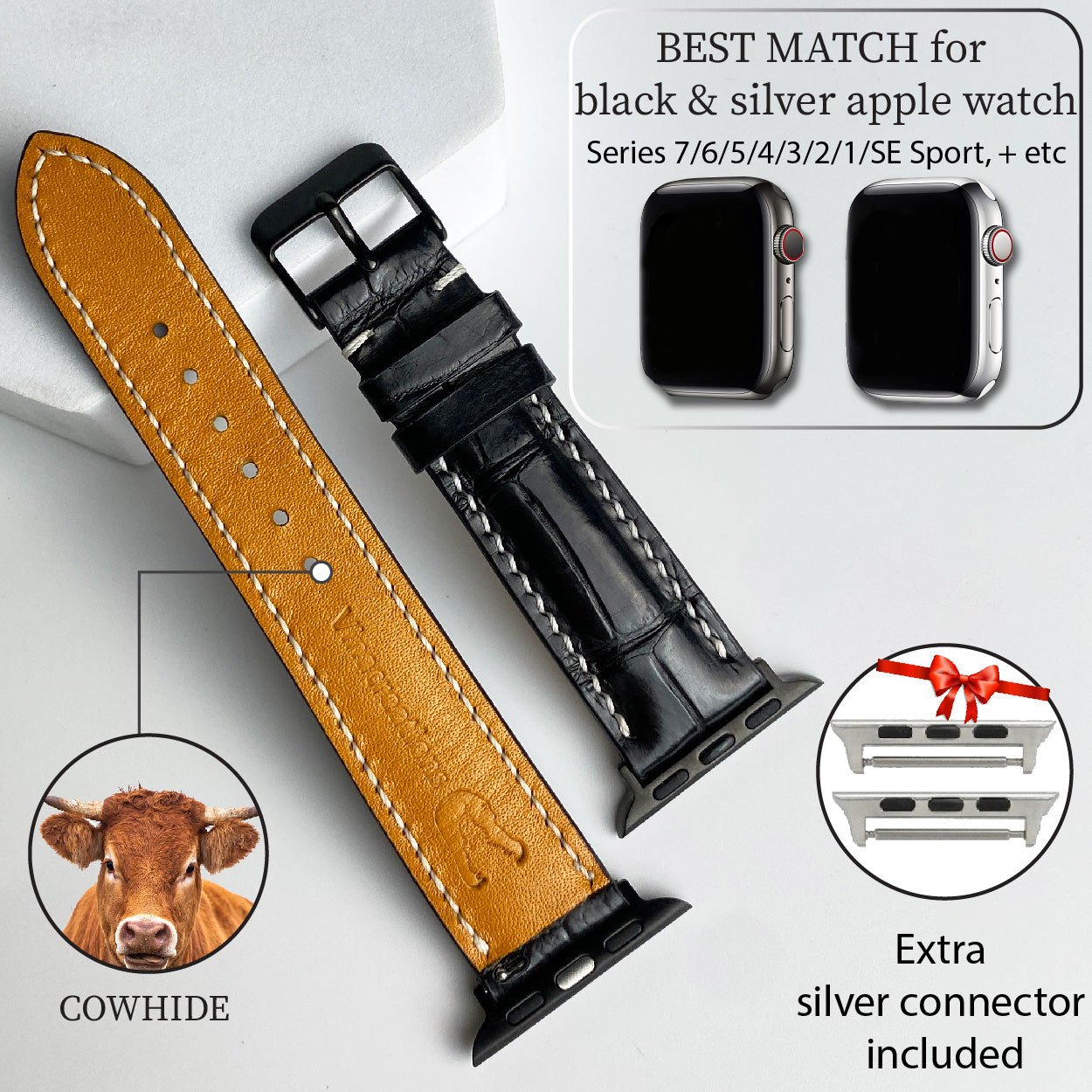 White Hand Stitching Black Alligator Leather Watch Band Compatible with Apple Watch IWatch Series 7 6 5 4 3 2 1 | AW-154 - Vinacreations