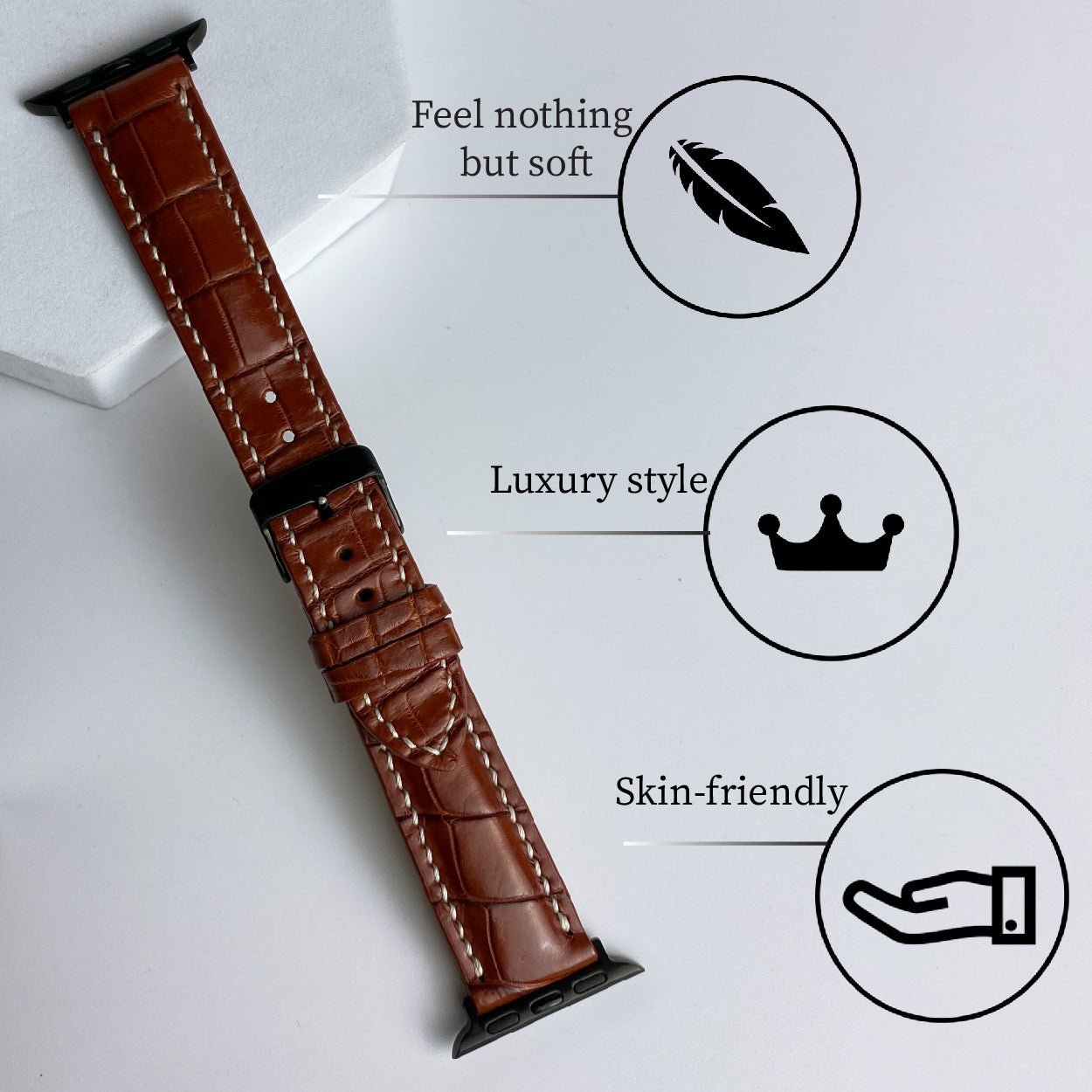 White Hand Stitching Brown Alligator Leather Watch Band Compatible with Apple Watch IWatch Series 7 6 5 4 3 2 1 SE | AW-157 - Vinacreations