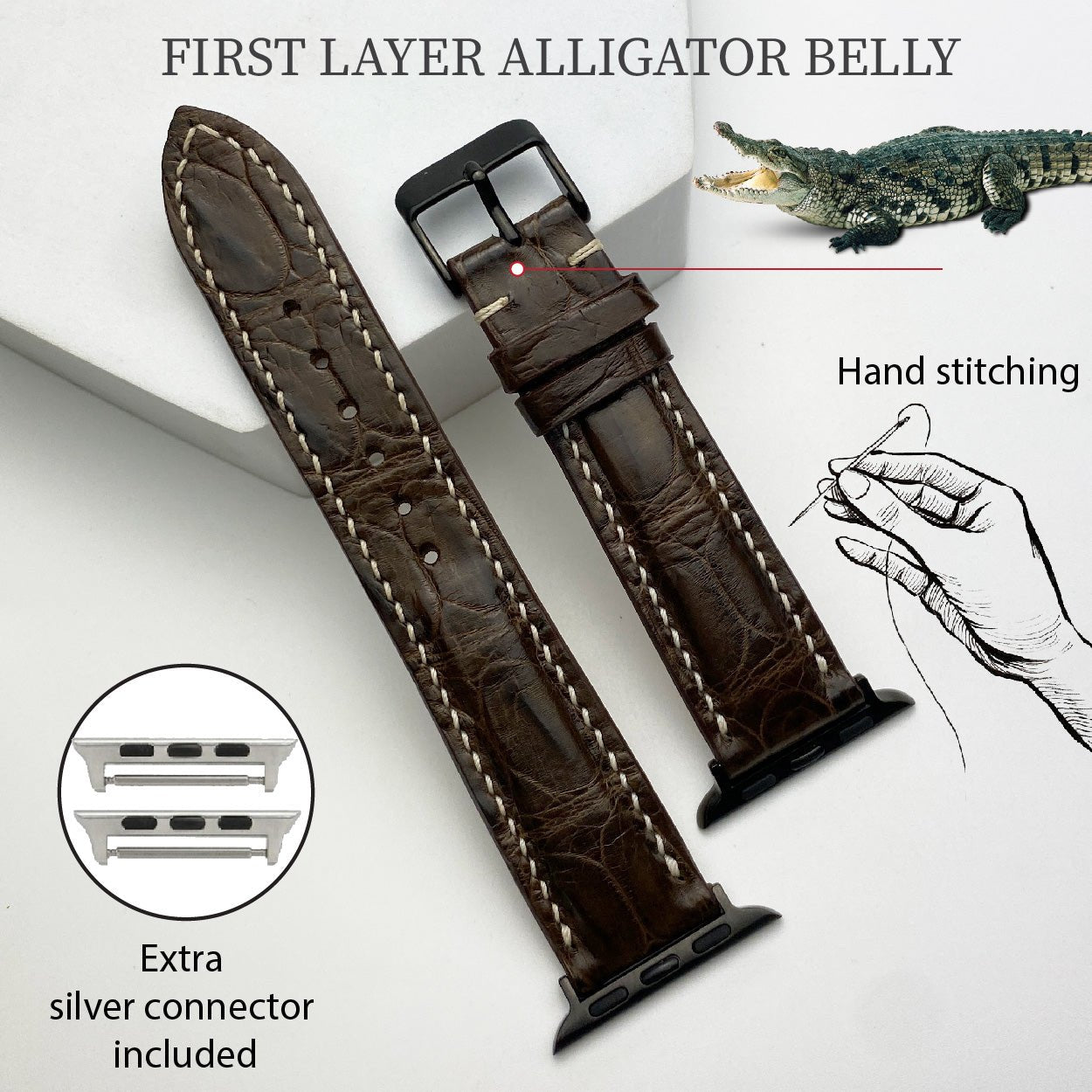 White Hand Stitching Dark Brown Alligator Leather Watch Band Compatible with Apple Watch IWatch Series 7 6 5 4 3 2 1 | AW-155 - Vinacreations