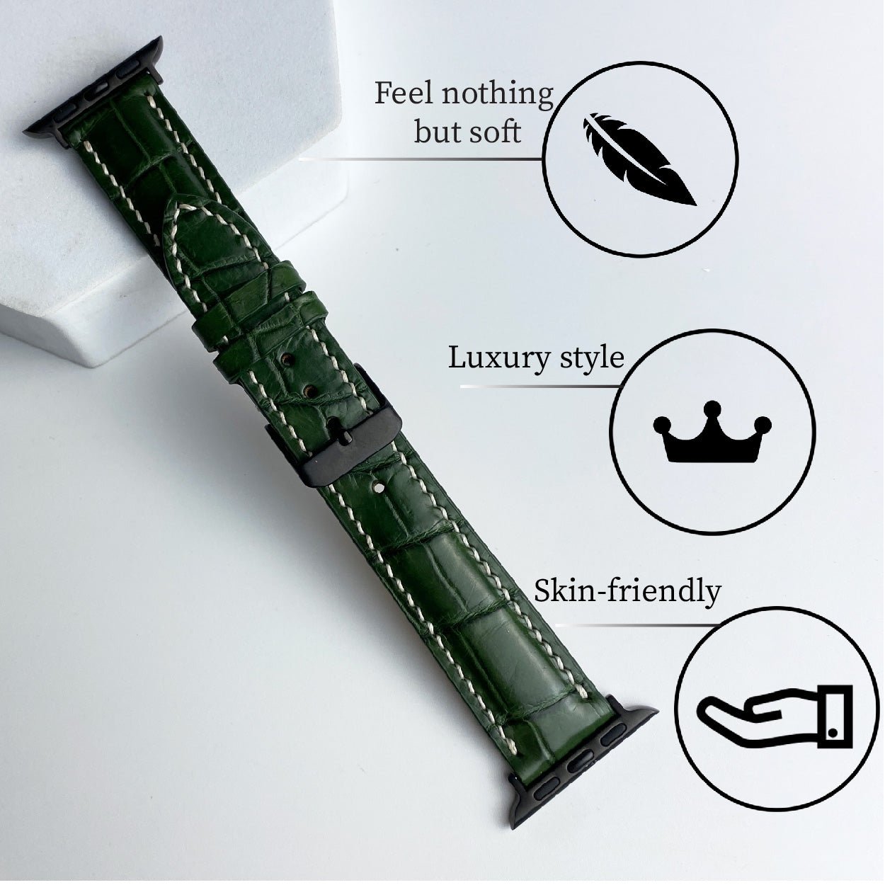 White Hand Stitching Green Alligator Leather Watch Band Compatible with Apple Watch IWatch Series 7 6 5 4 3 2 1 | AW-158 - Vinacreations