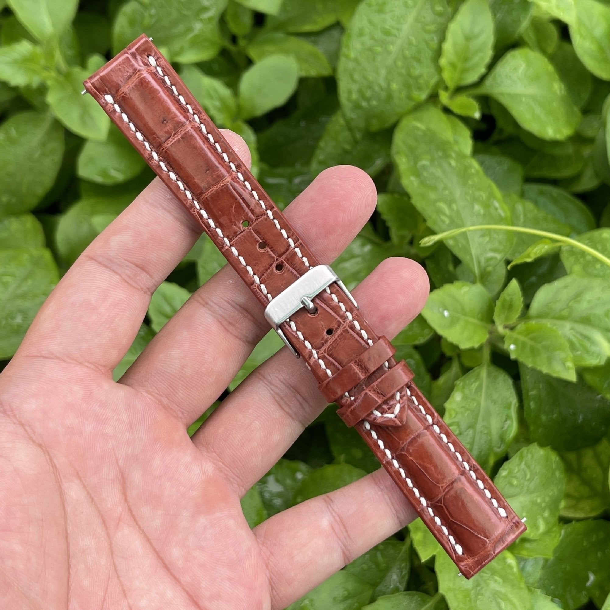 White Hand Stitching Light Brown Alligator Leather Watch Band For Men | Premium Crocodile Replacement Wristwatch Strap | DH-157 - Vinacreations