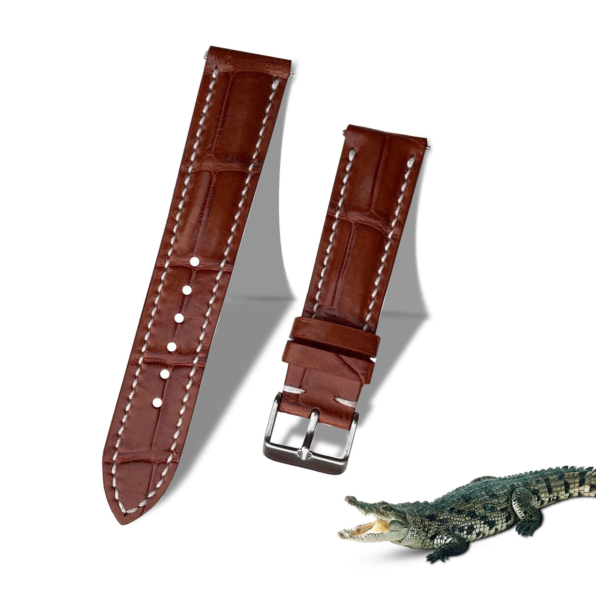 White Hand Stitching Light Brown Alligator Leather Watch Band For Men | Premium Crocodile Replacement Wristwatch Strap | DH-157 - Vinacreations