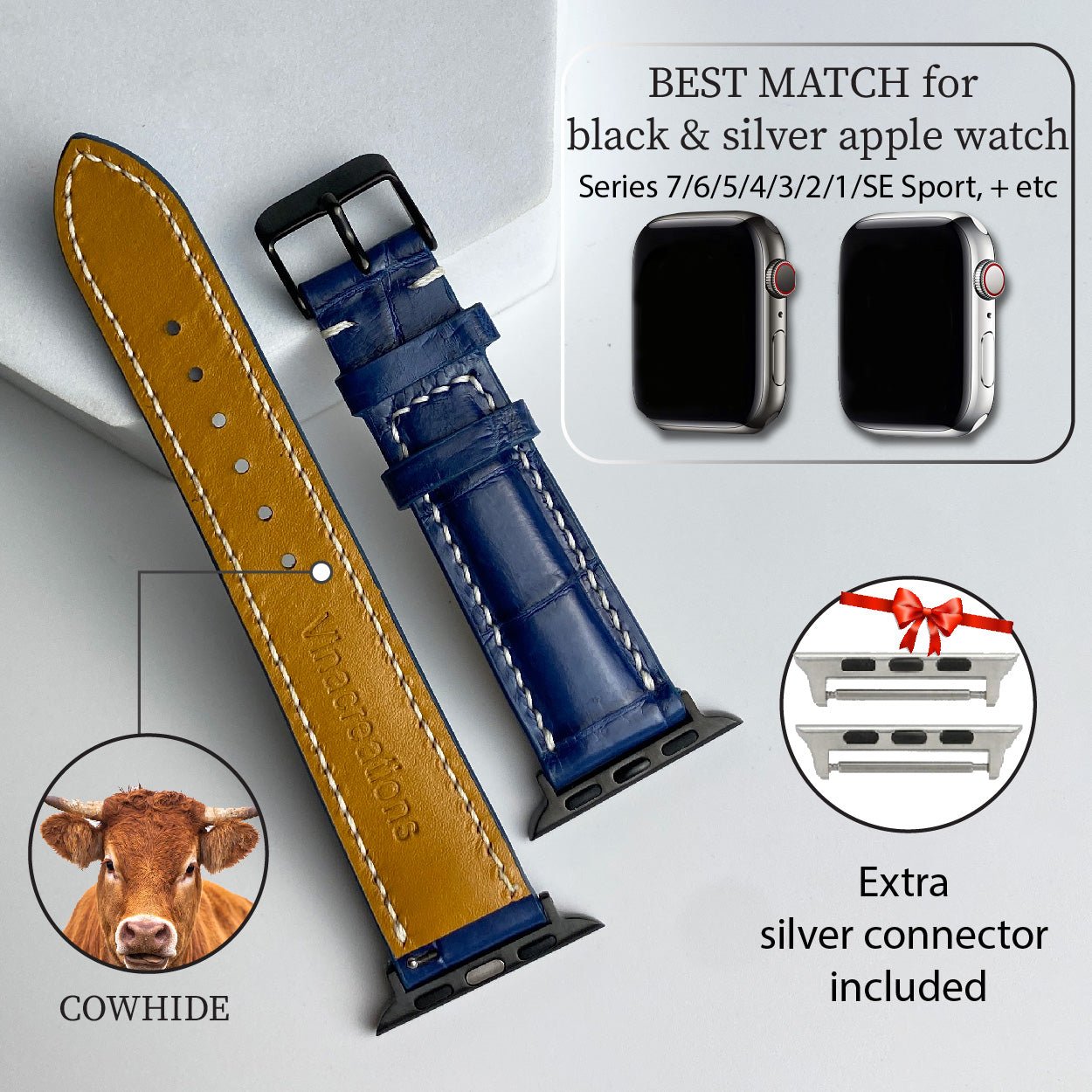 White Hand Stitching Navy Blue Alligator Leather Watch Band Compatible with Apple Watch IWatch Series 7 6 5 4 3 2 1 | AW-156 - Vinacreations