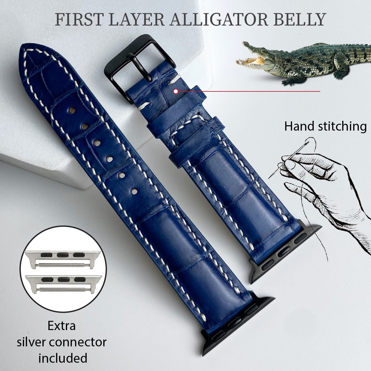 White Hand Stitching Navy Blue Alligator Leather Watch Band Compatible with Apple Watch IWatch Series 7 6 5 4 3 2 1 | AW-156 - Vinacreations