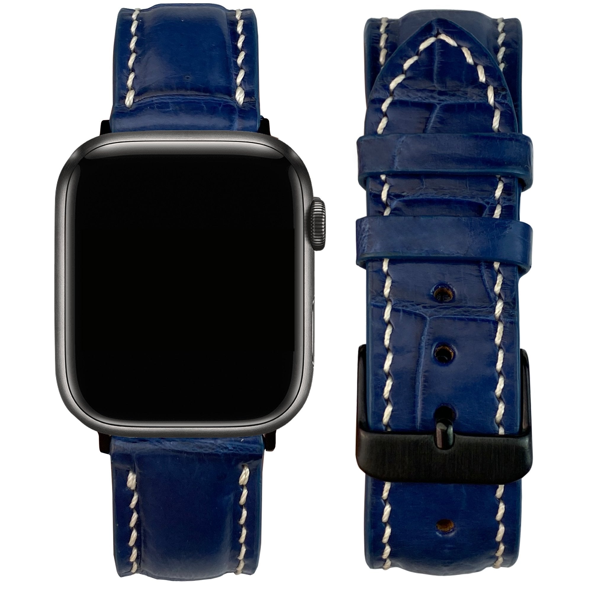 White Hand Stitching Navy Blue Alligator Leather Watch Band Compatible with Apple Watch IWatch Series 7 6 5 4 3 2 1 | AW-156 - Vinacreations