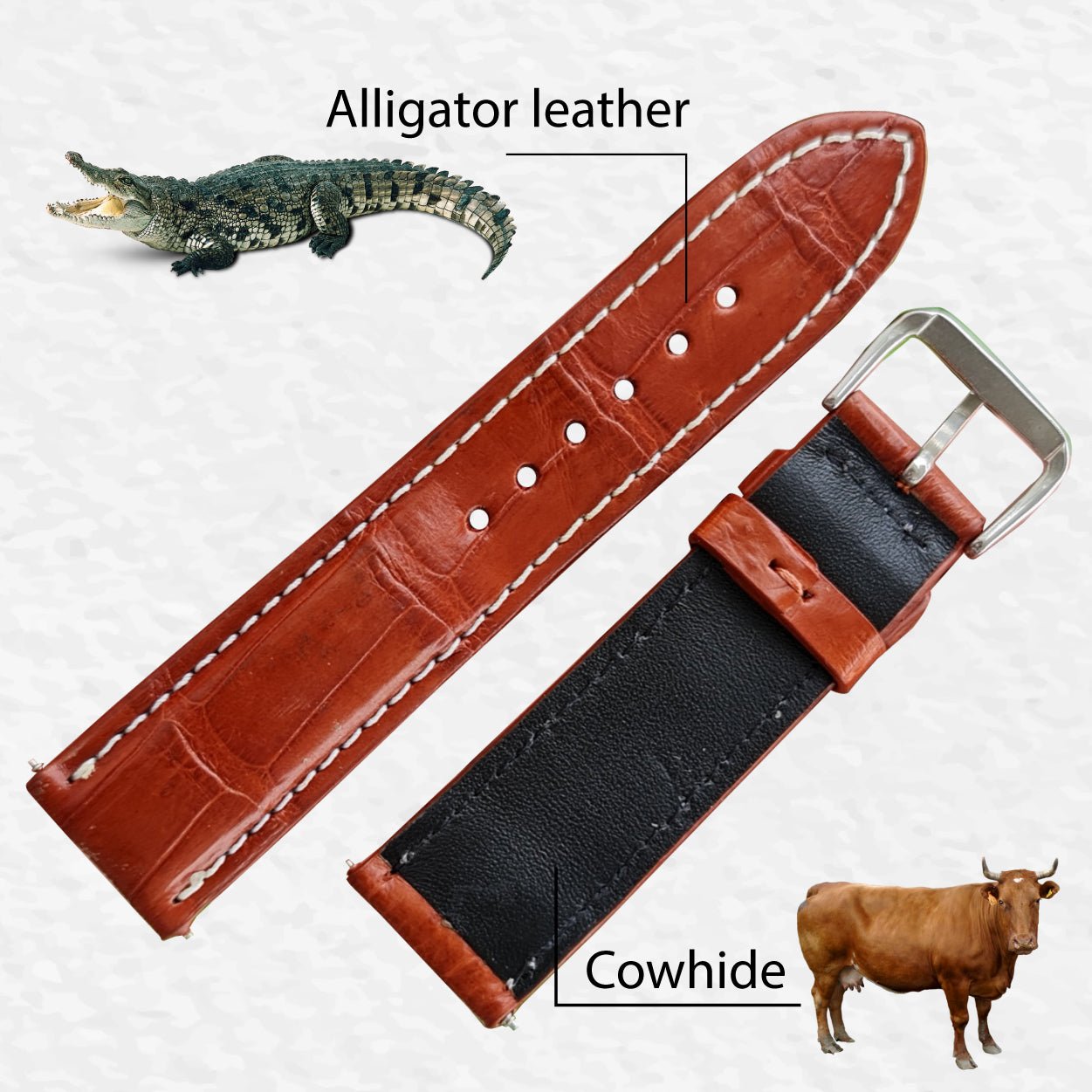 White Stitching Light Brown Alligator Leather Watch Band DH-76 - Vinacreations