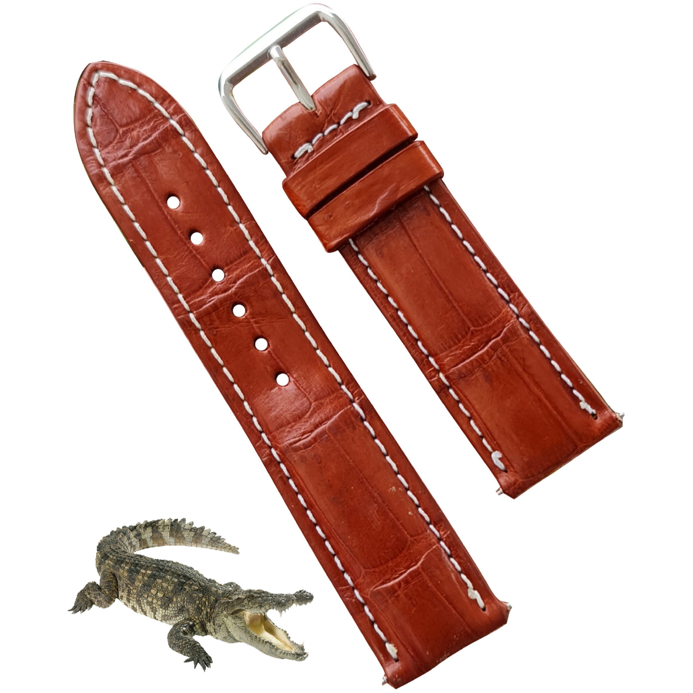 White Stitching Light Brown Alligator Leather Watch Band DH-76 - Vinacreations