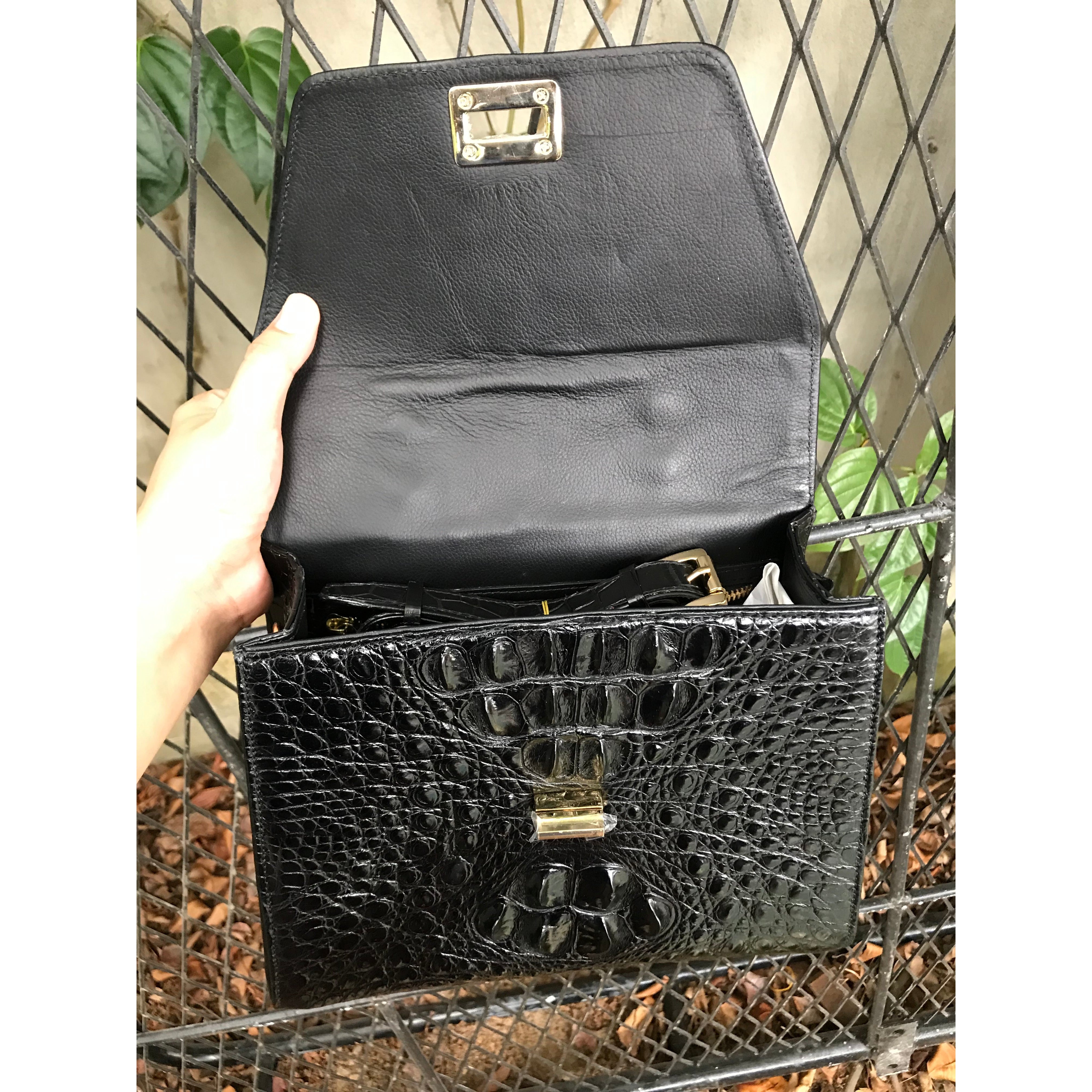 Women Crocodile Handbags Top Handle Alligator Leather Shoulder Messenger Bag Lady Fashion Daily Totes - Black - Vinacreations