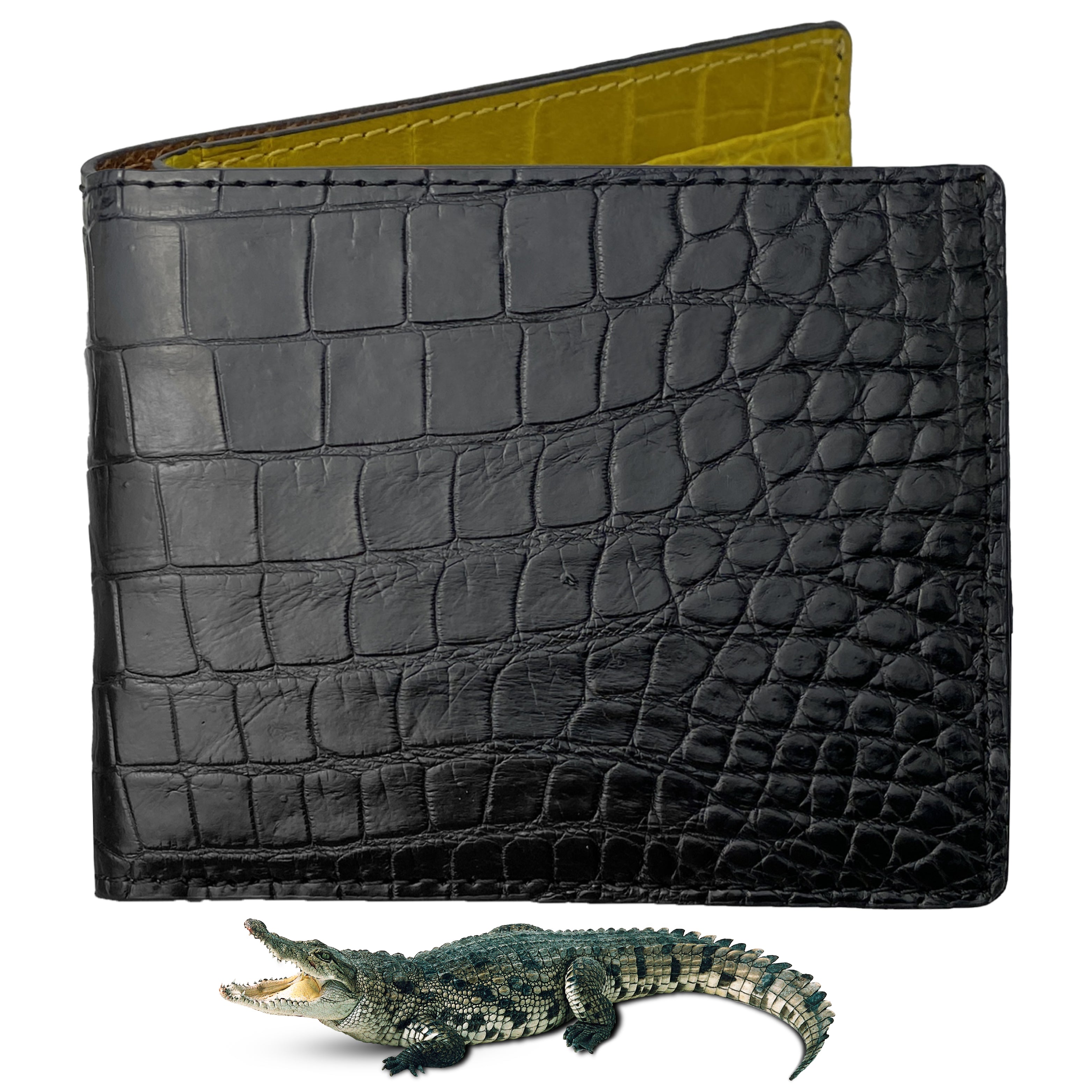 Black Yellow Double Side Alligator Leather Slim Bifold Wallet For Men 