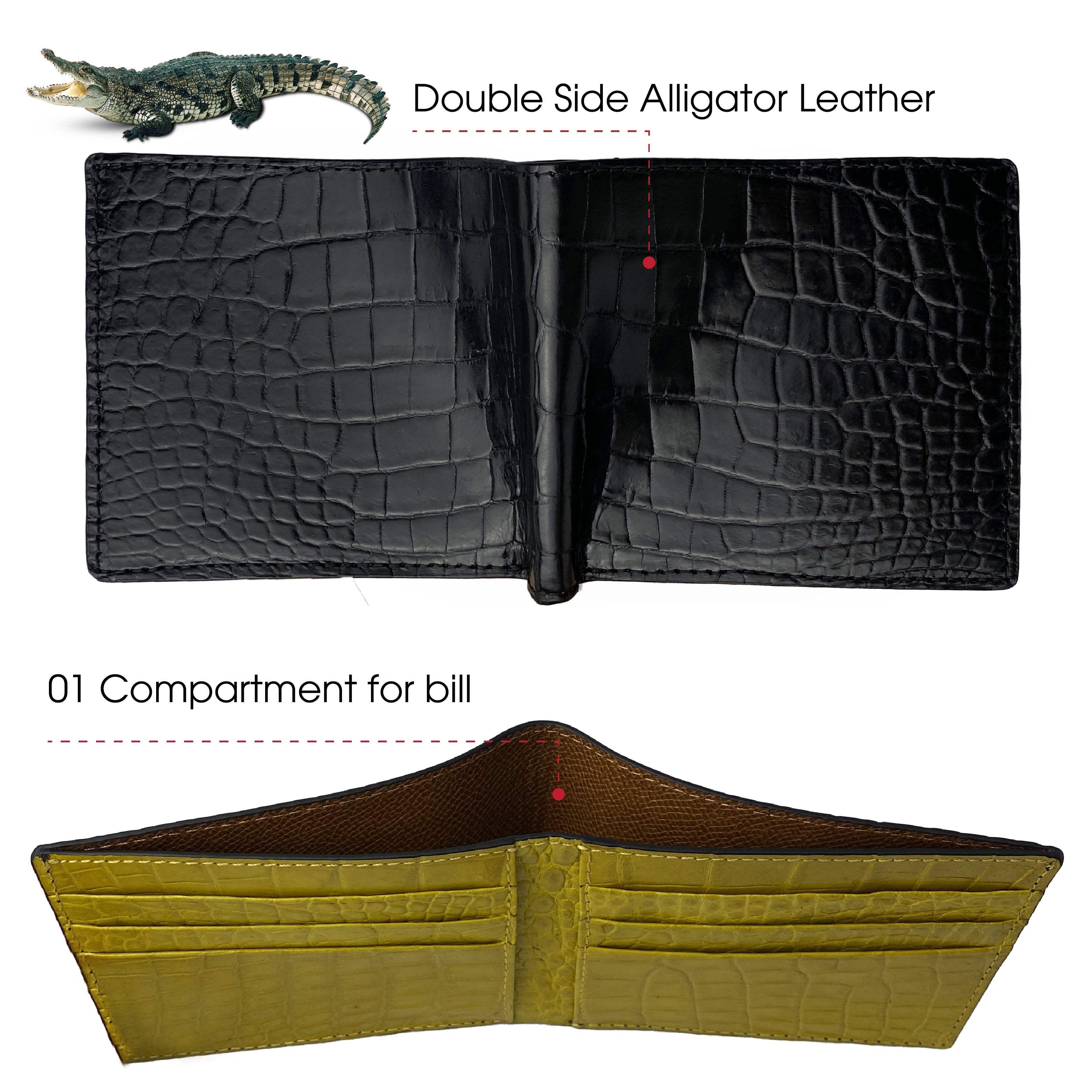 Black Yellow Double Side Alligator Leather Slim Bifold Wallet For Men 